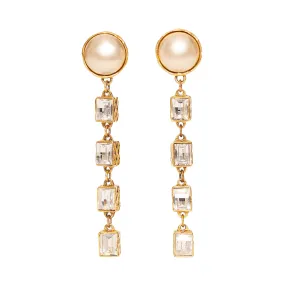 1984 Gold-Plated Pearl and Rhinestone Dangle Clip-On Earrings