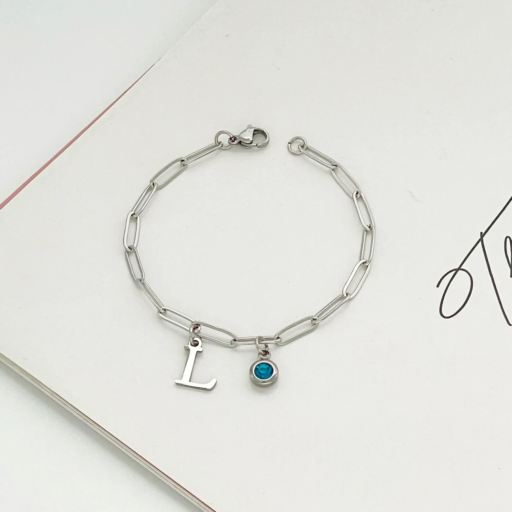 Alphabet Birthstone Paperclip Bracelet Silver (A-G)