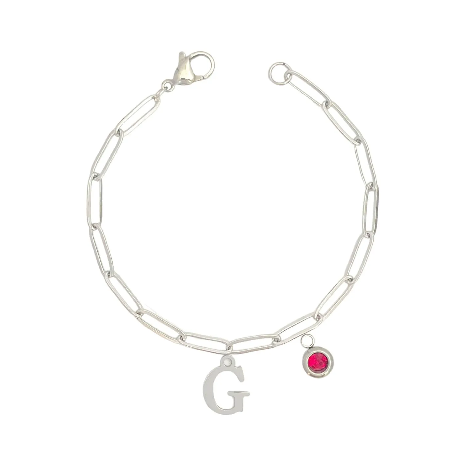 Alphabet Birthstone Paperclip Bracelet Silver (A-G)