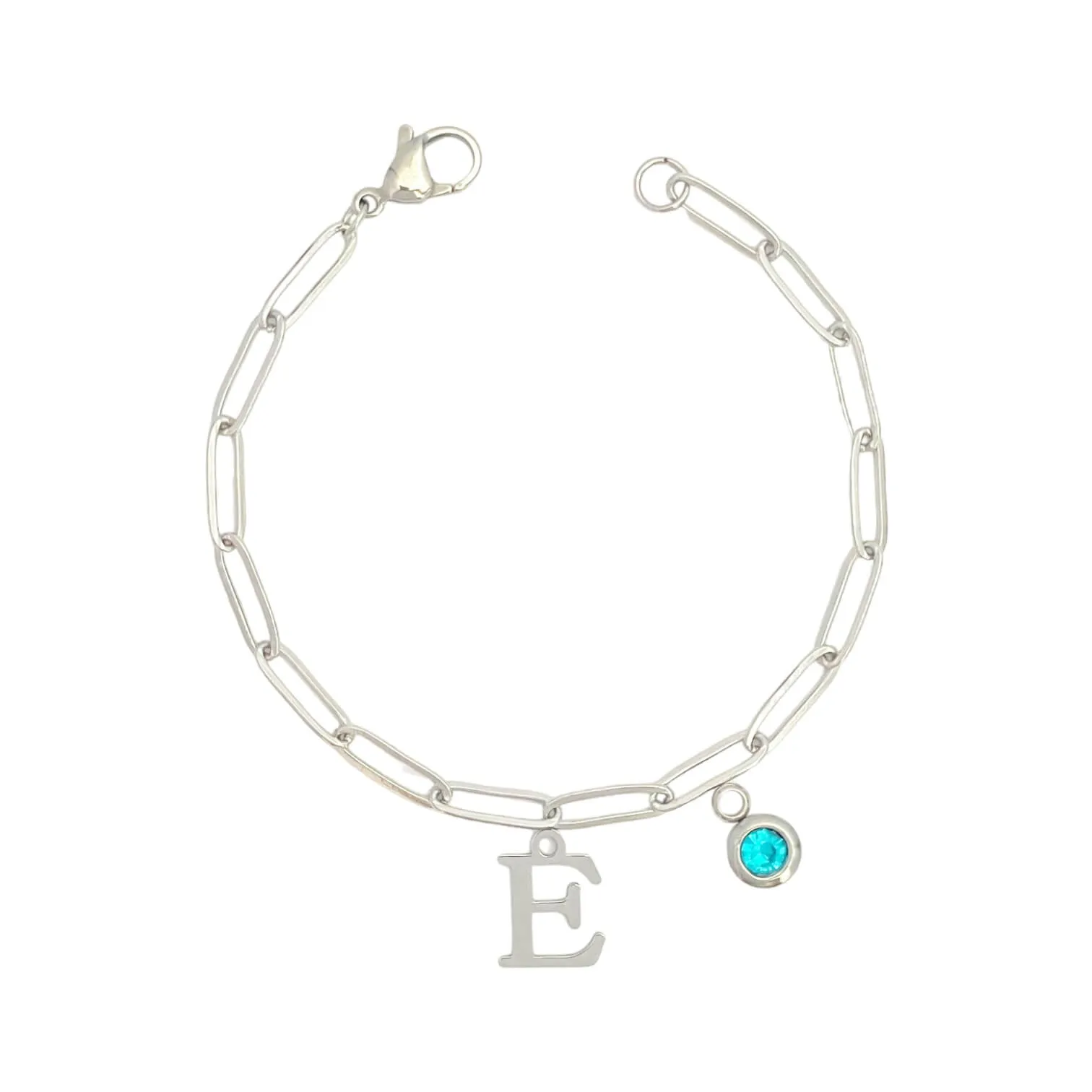 Alphabet Birthstone Paperclip Bracelet Silver (A-G)