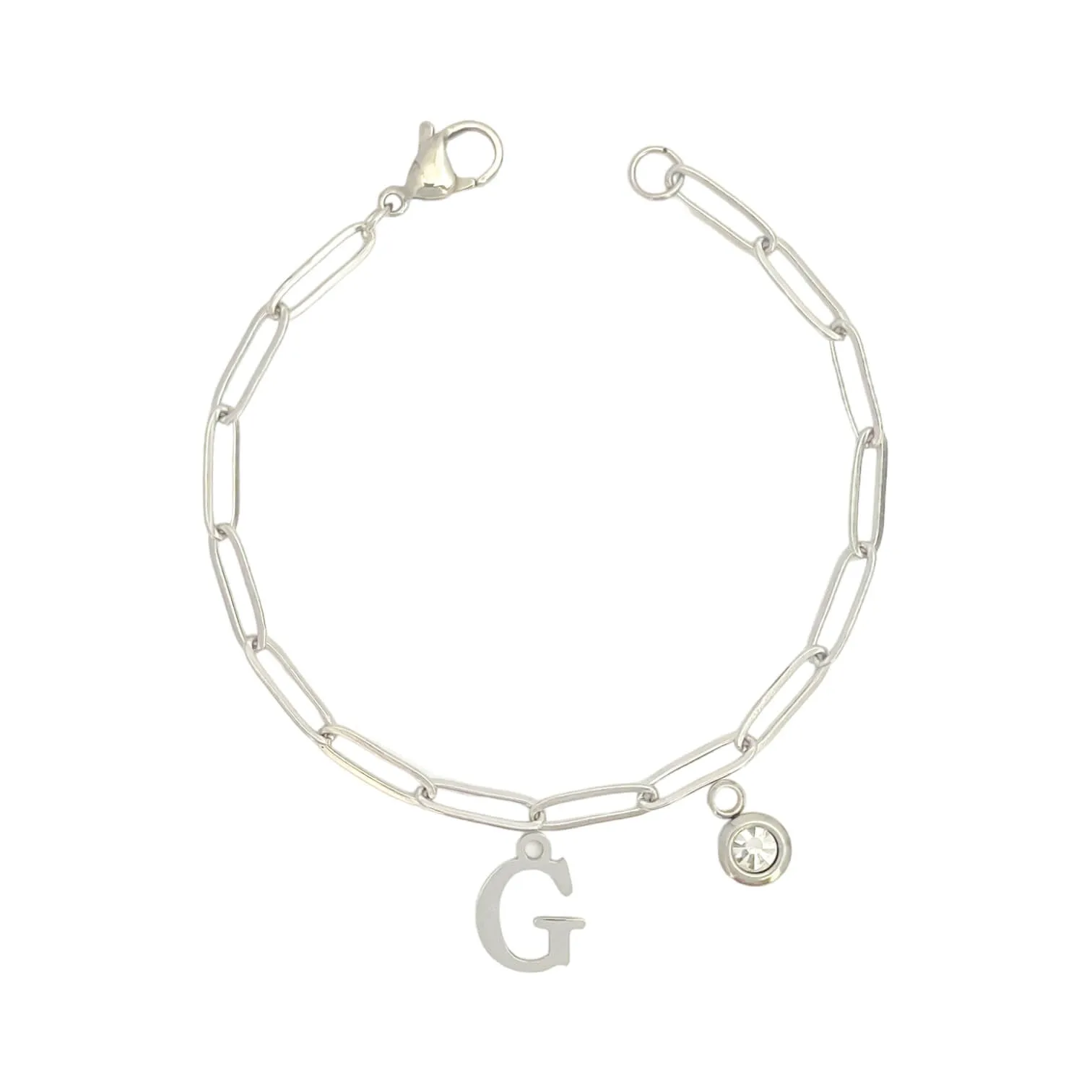 Alphabet Birthstone Paperclip Bracelet Silver (A-G)