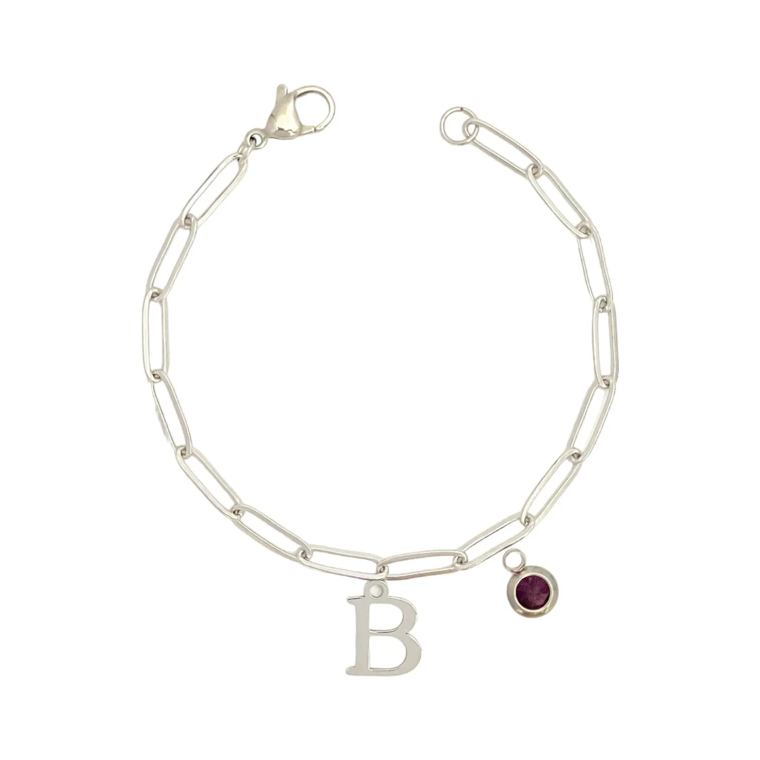 Alphabet Birthstone Paperclip Bracelet Silver (A-G)