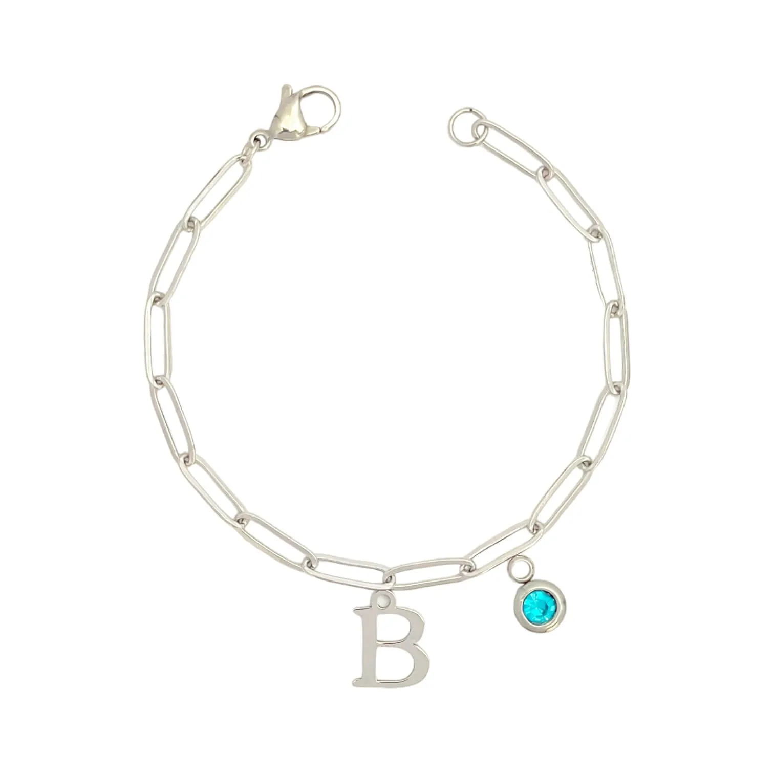 Alphabet Birthstone Paperclip Bracelet Silver (A-G)