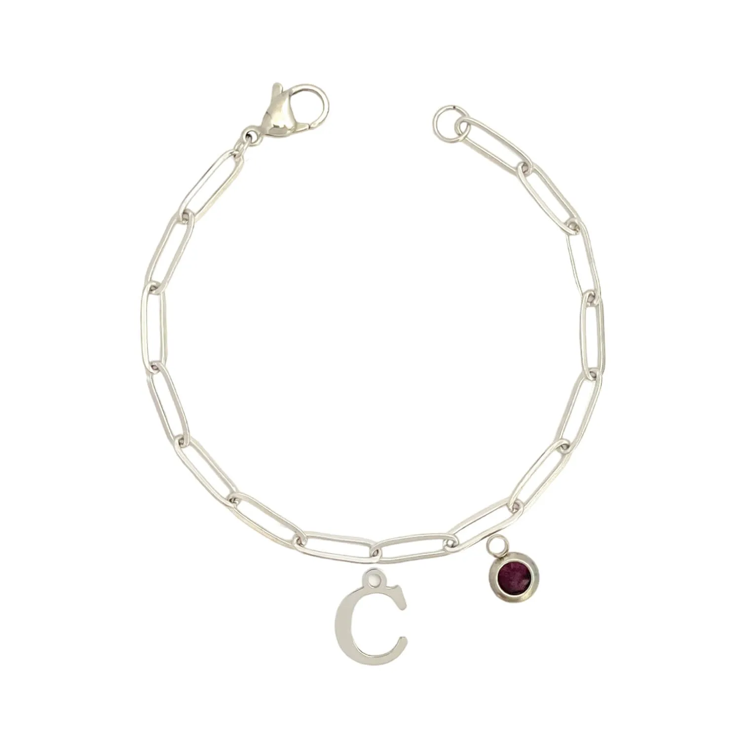 Alphabet Birthstone Paperclip Bracelet Silver (A-G)