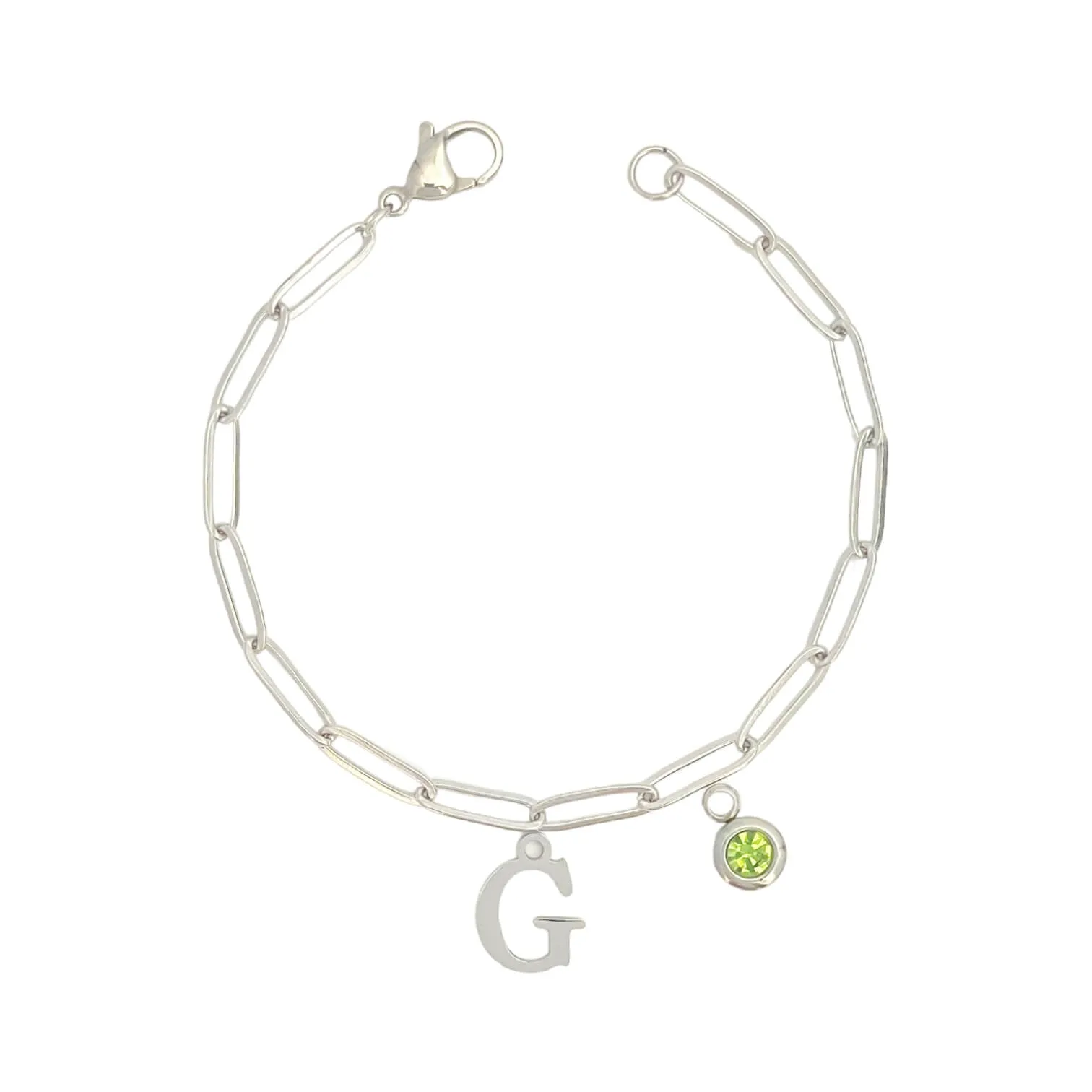 Alphabet Birthstone Paperclip Bracelet Silver (A-G)