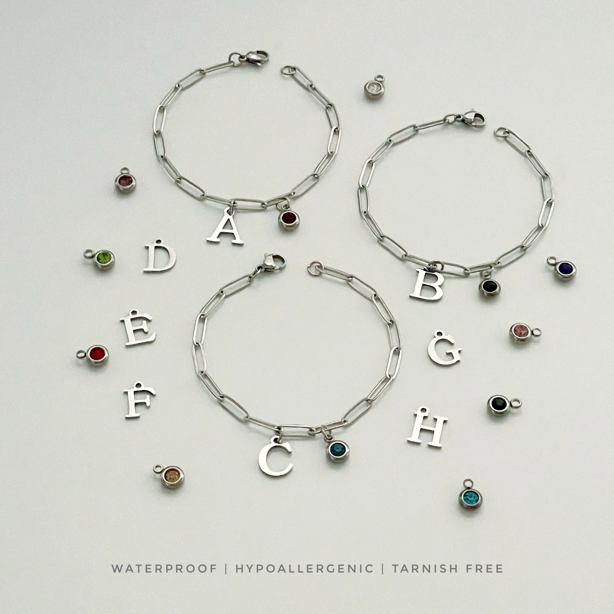 Alphabet Birthstone Paperclip Bracelet Silver (A-G)