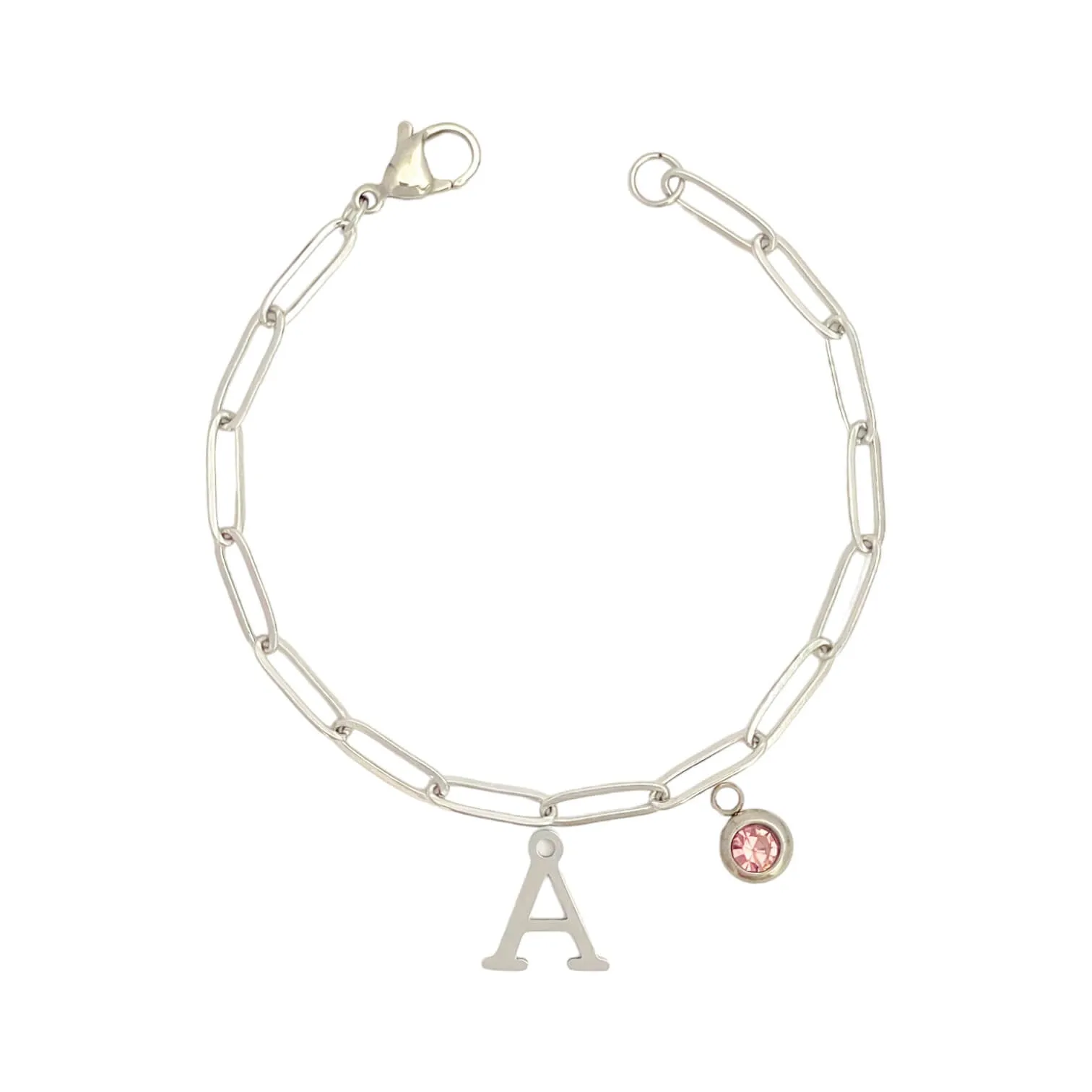 Alphabet Birthstone Paperclip Bracelet Silver (A-G)