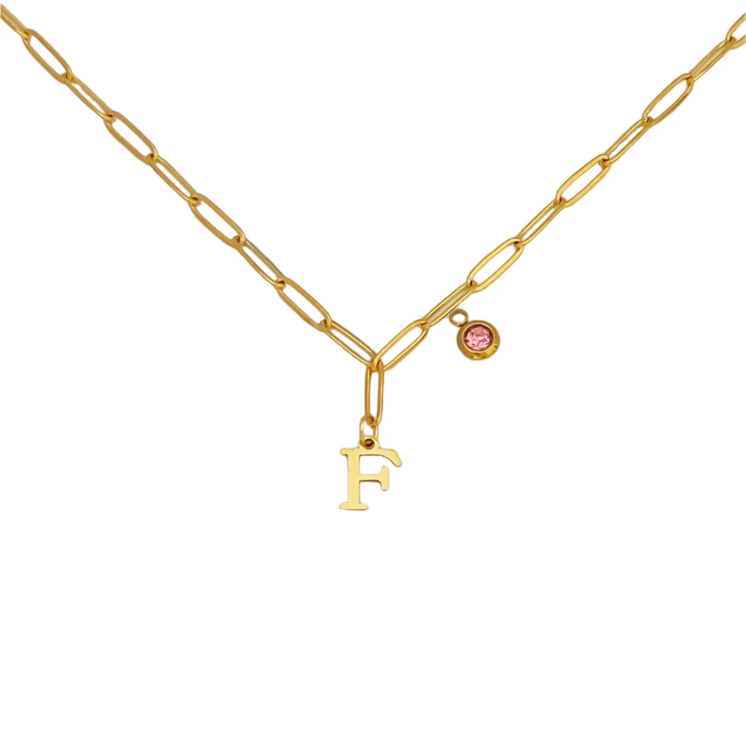 Alphabet Birthstone Paperclip Necklace Gold (A-G)