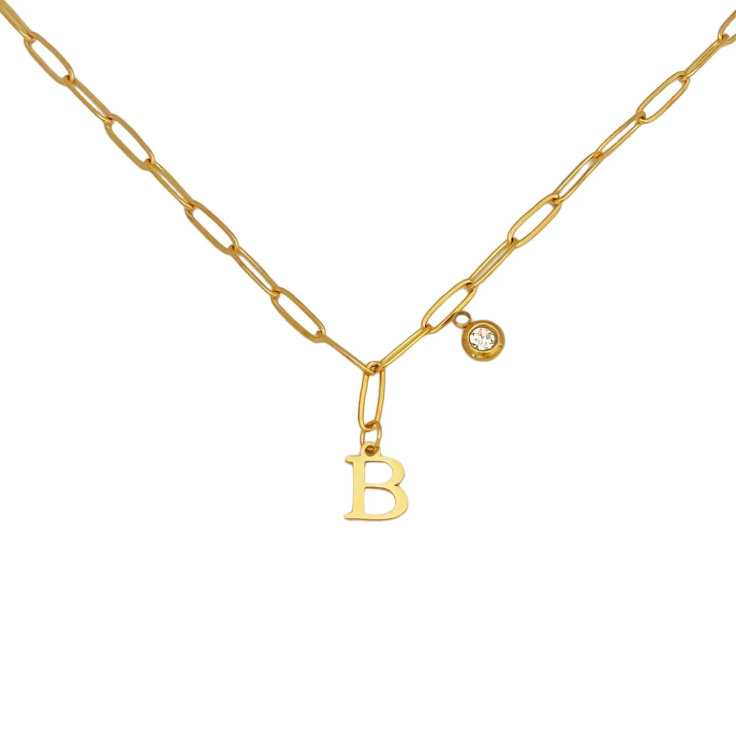 Alphabet Birthstone Paperclip Necklace Gold (A-G)