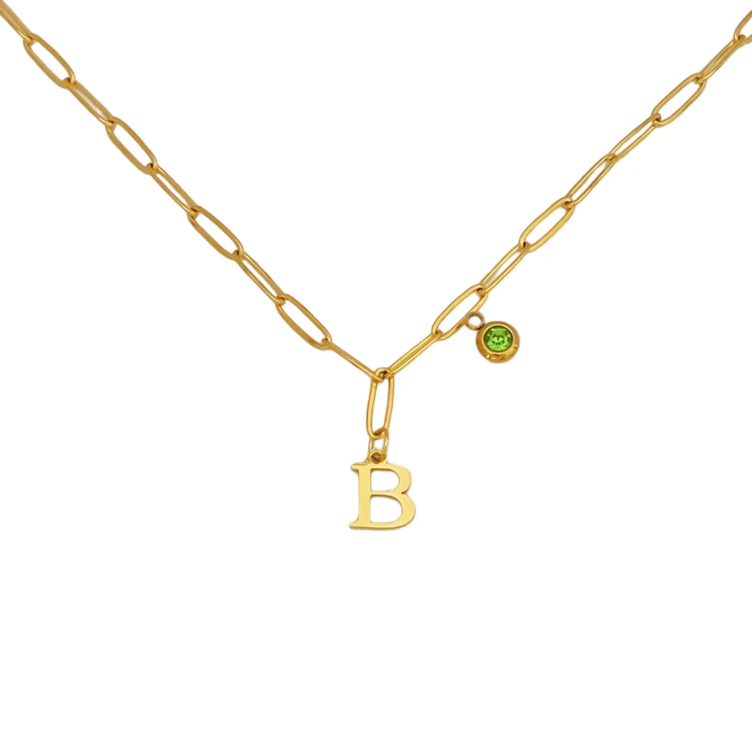 Alphabet Birthstone Paperclip Necklace Gold (A-G)