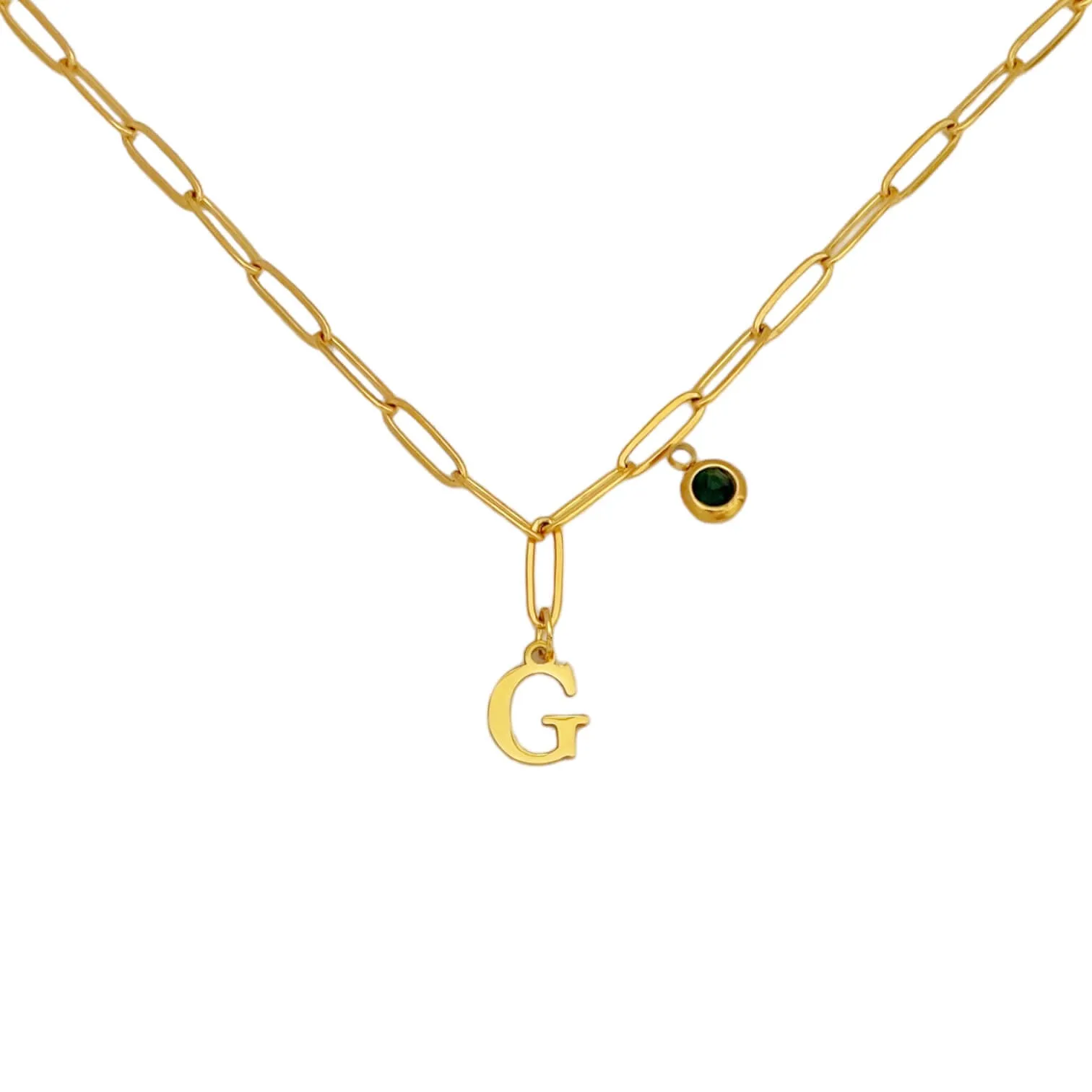 Alphabet Birthstone Paperclip Necklace Gold (A-G)