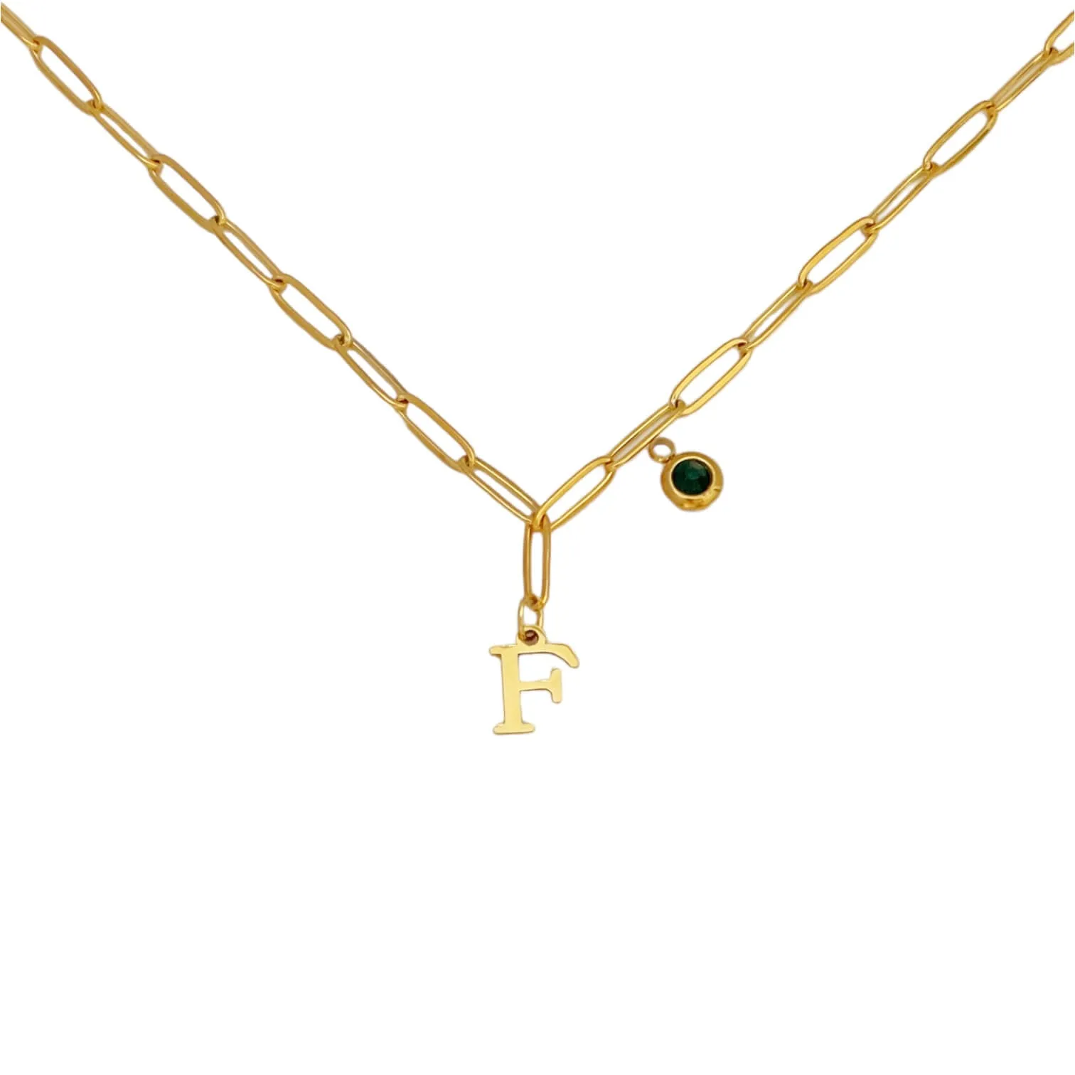 Alphabet Birthstone Paperclip Necklace Gold (A-G)