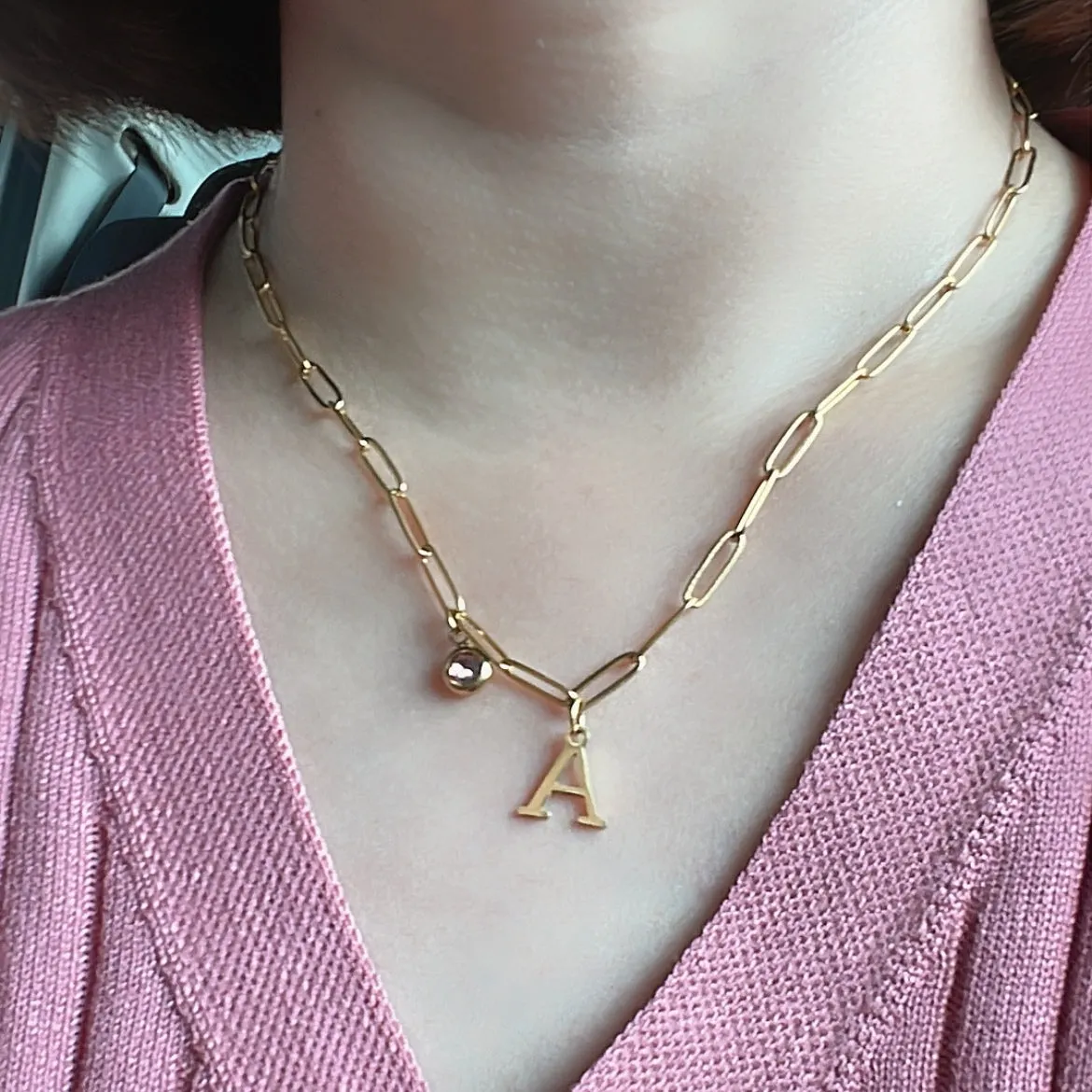 Alphabet Birthstone Paperclip Necklace Gold (A-G)