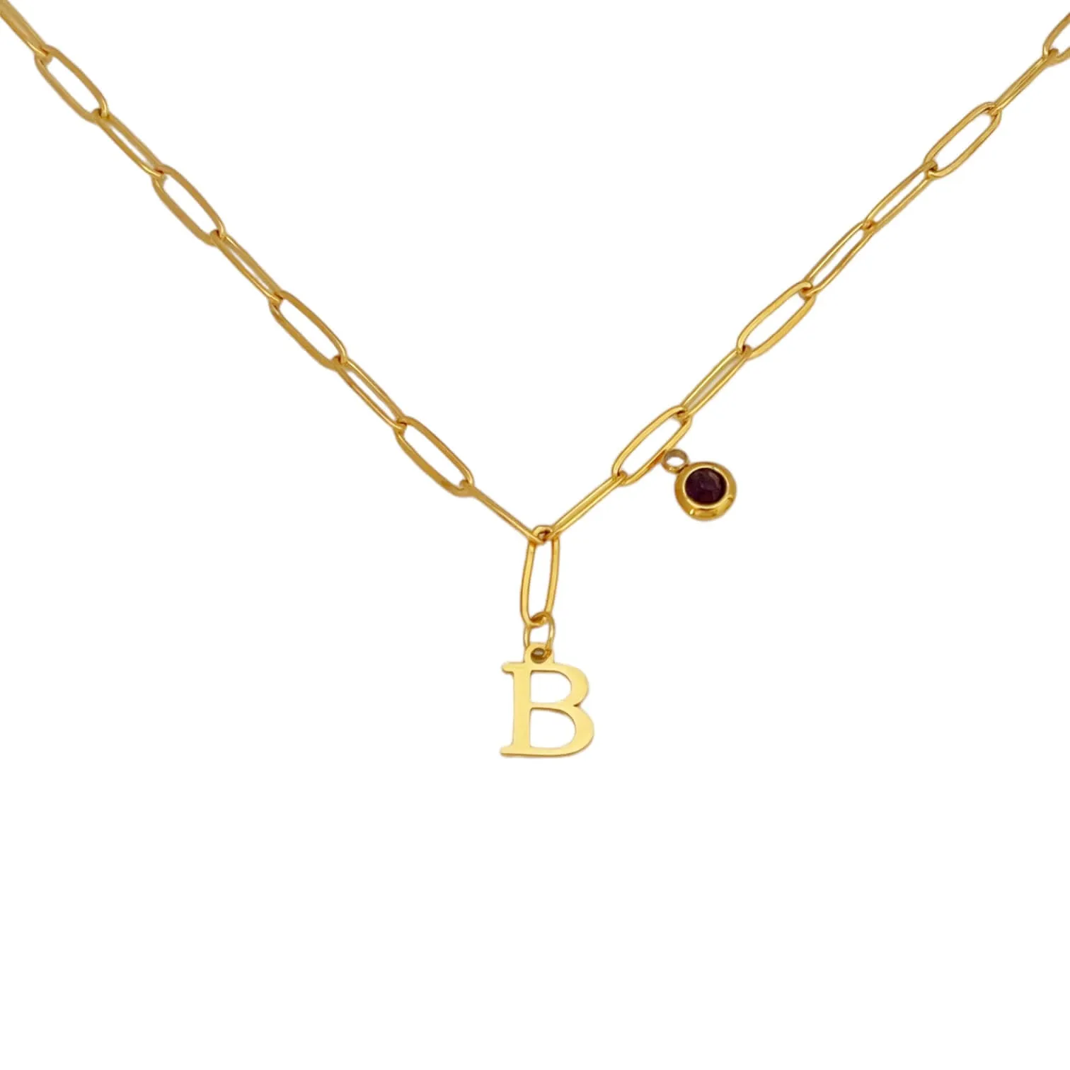 Alphabet Birthstone Paperclip Necklace Gold (A-G)