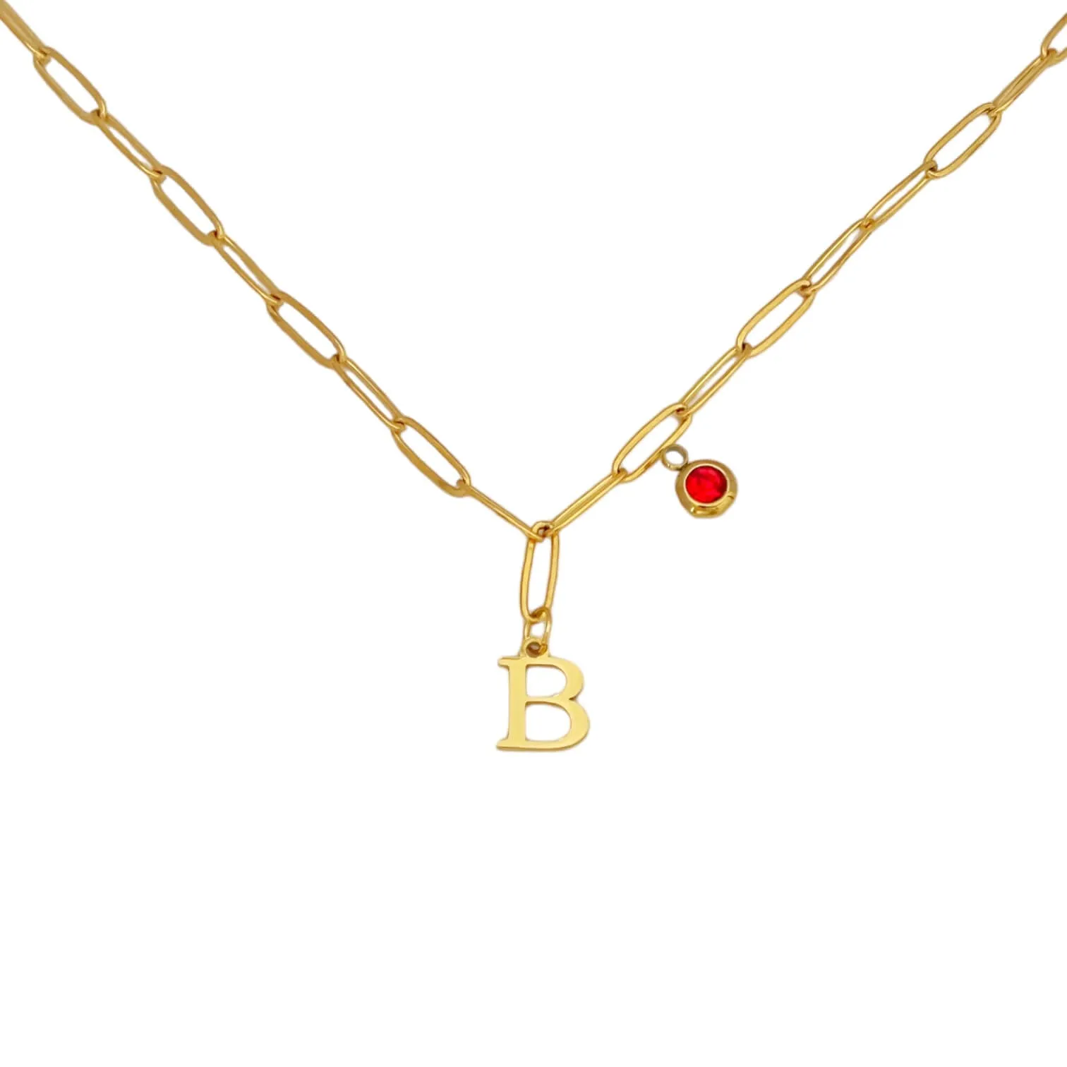 Alphabet Birthstone Paperclip Necklace Gold (A-G)