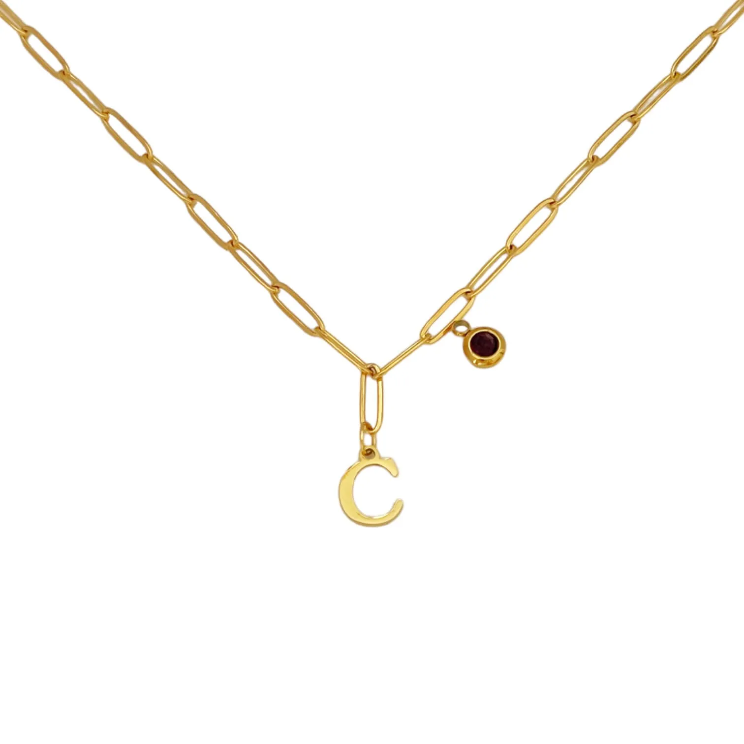 Alphabet Birthstone Paperclip Necklace Gold (A-G)