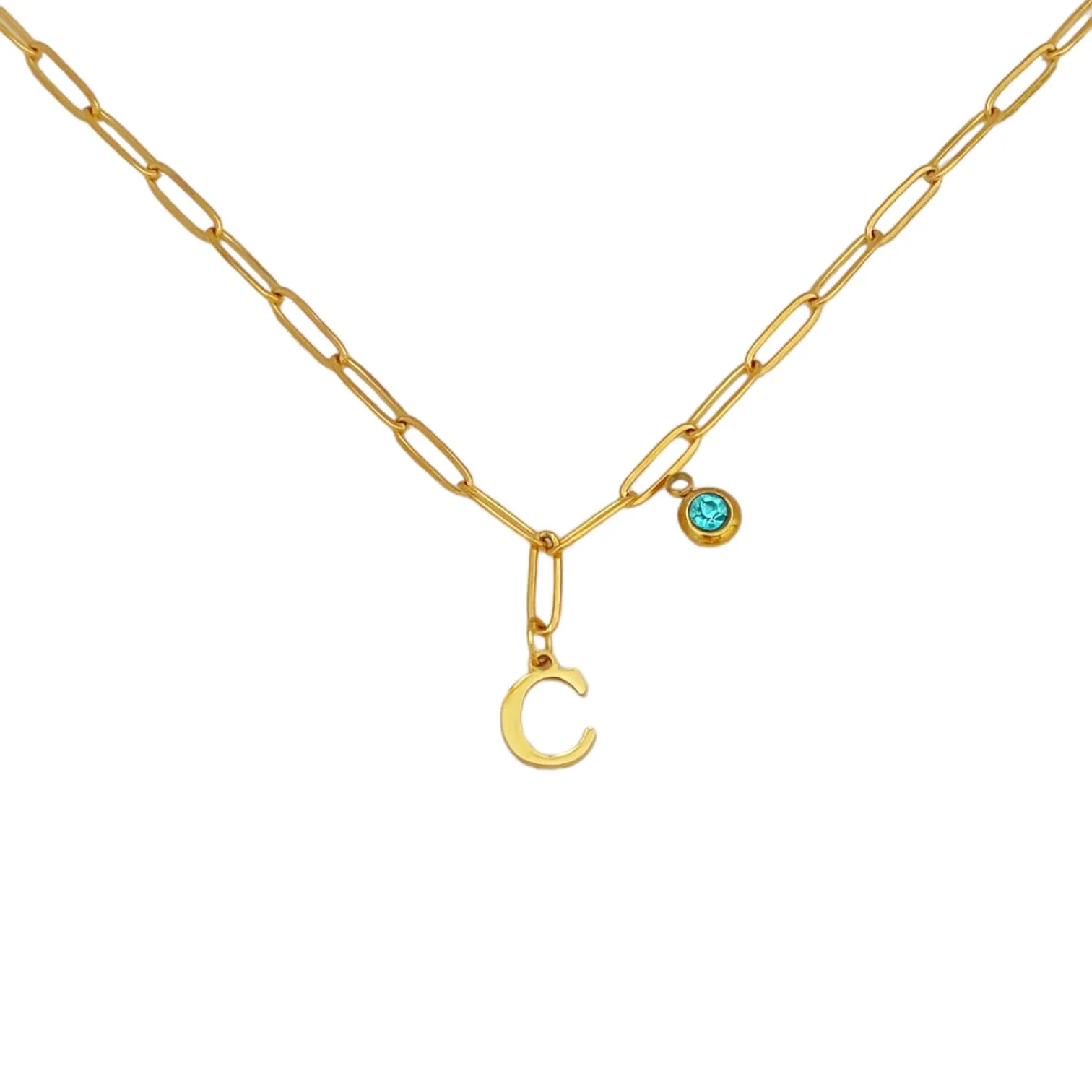 Alphabet Birthstone Paperclip Necklace Gold (A-G)