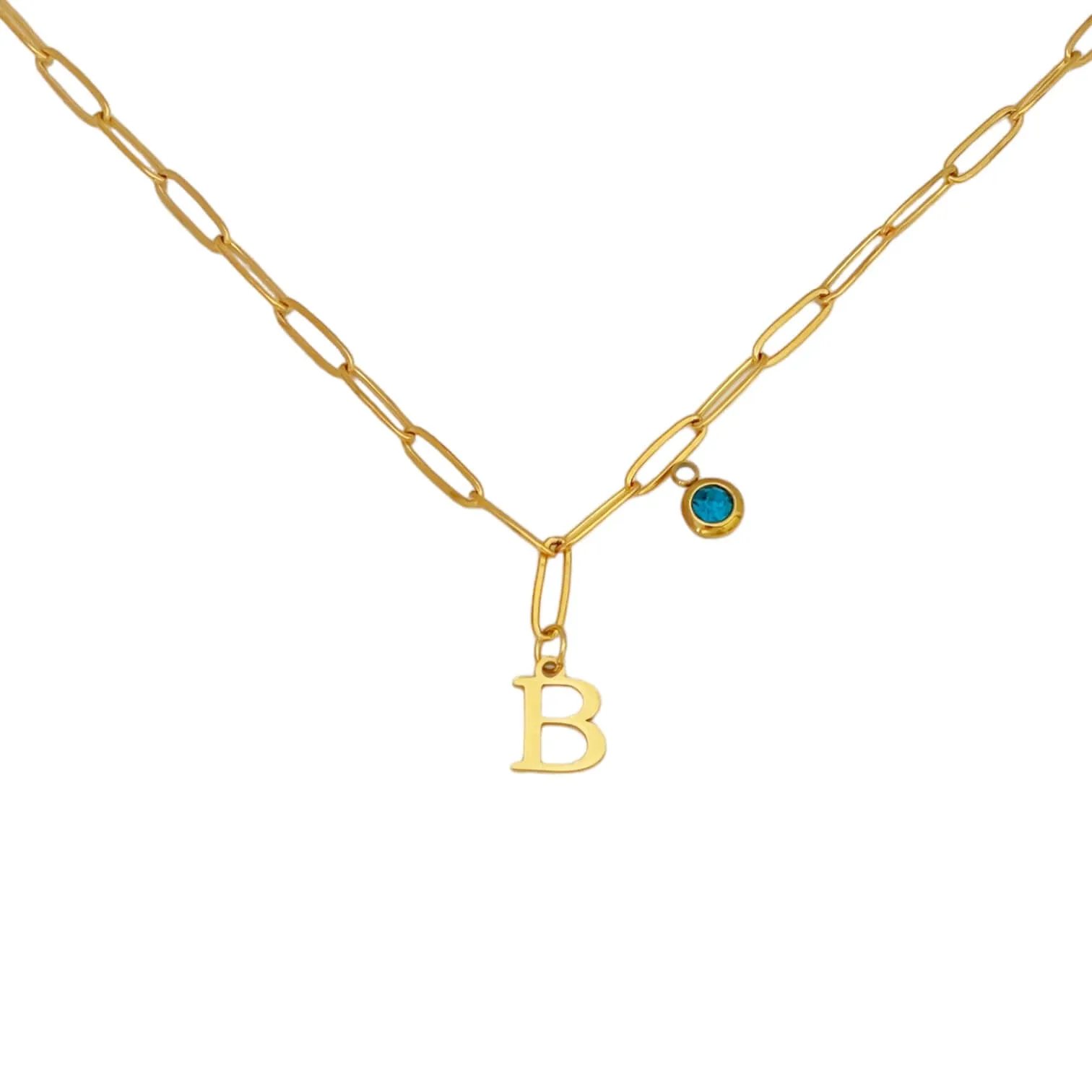 Alphabet Birthstone Paperclip Necklace Gold (A-G)