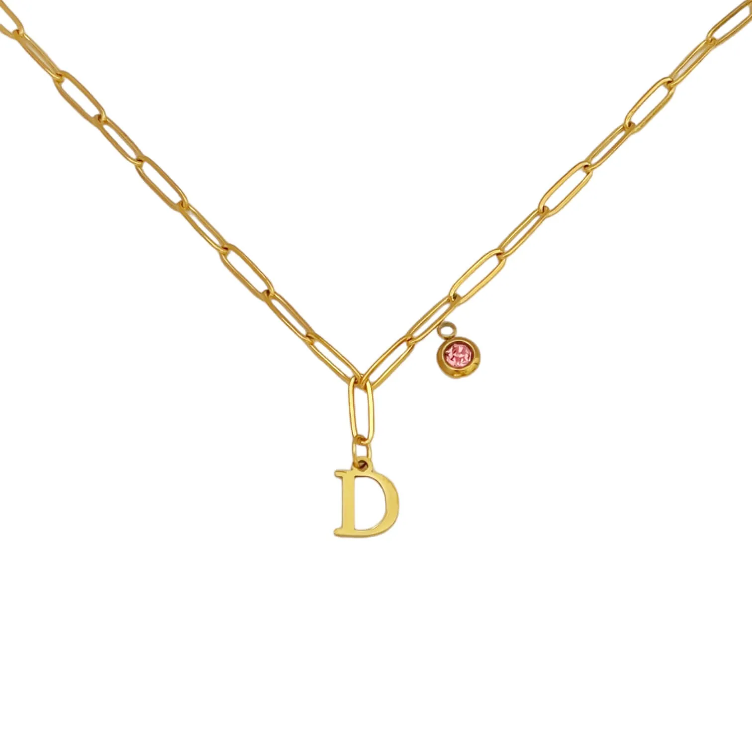 Alphabet Birthstone Paperclip Necklace Gold (A-G)