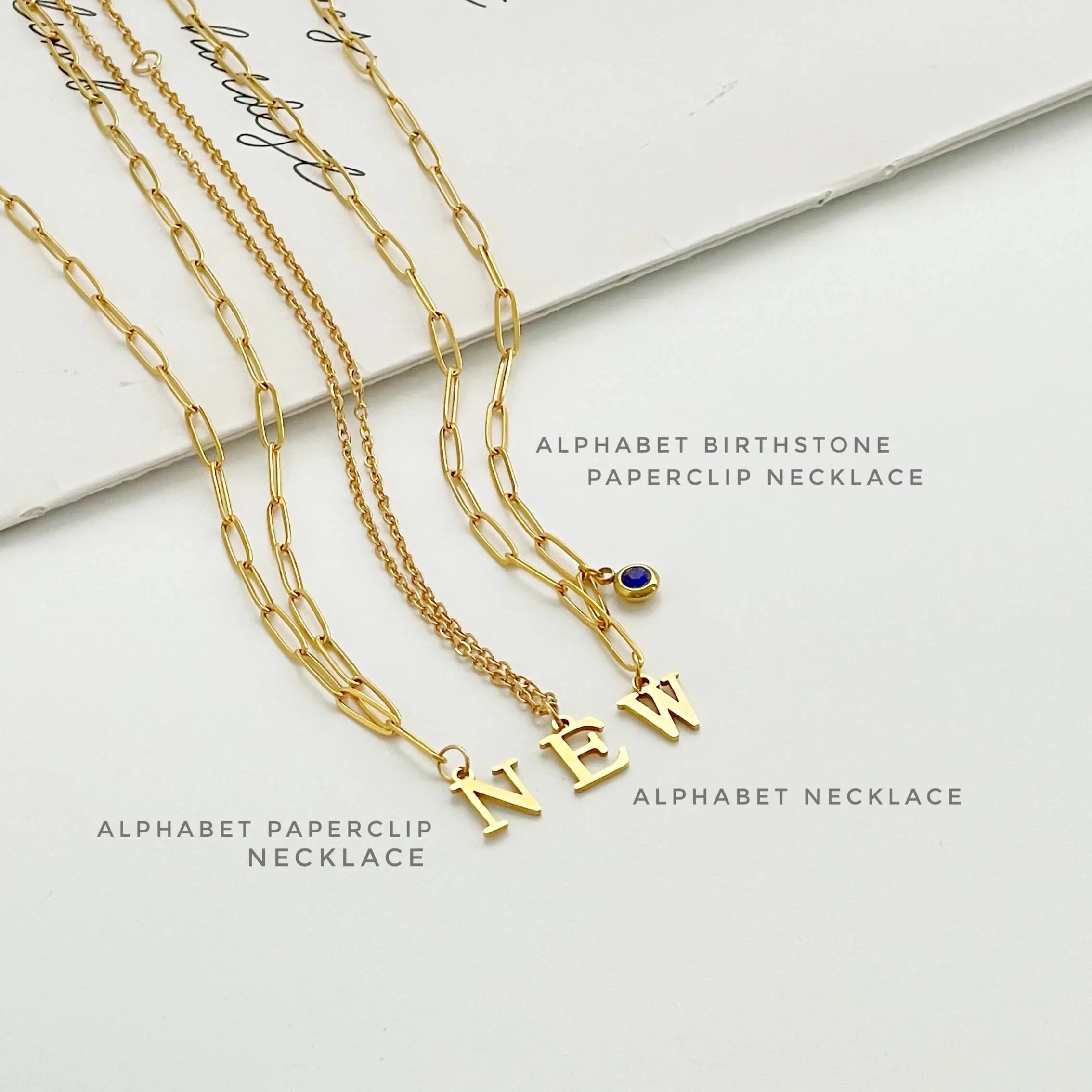 Alphabet Birthstone Paperclip Necklace Gold (A-G)