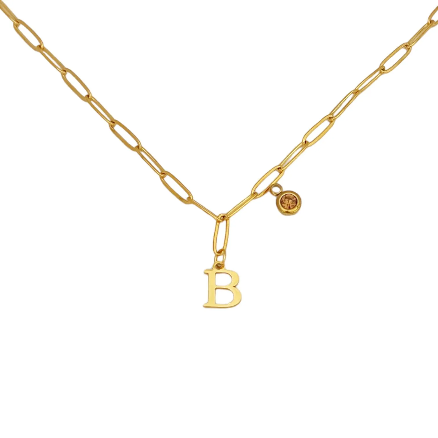 Alphabet Birthstone Paperclip Necklace Gold (A-G)