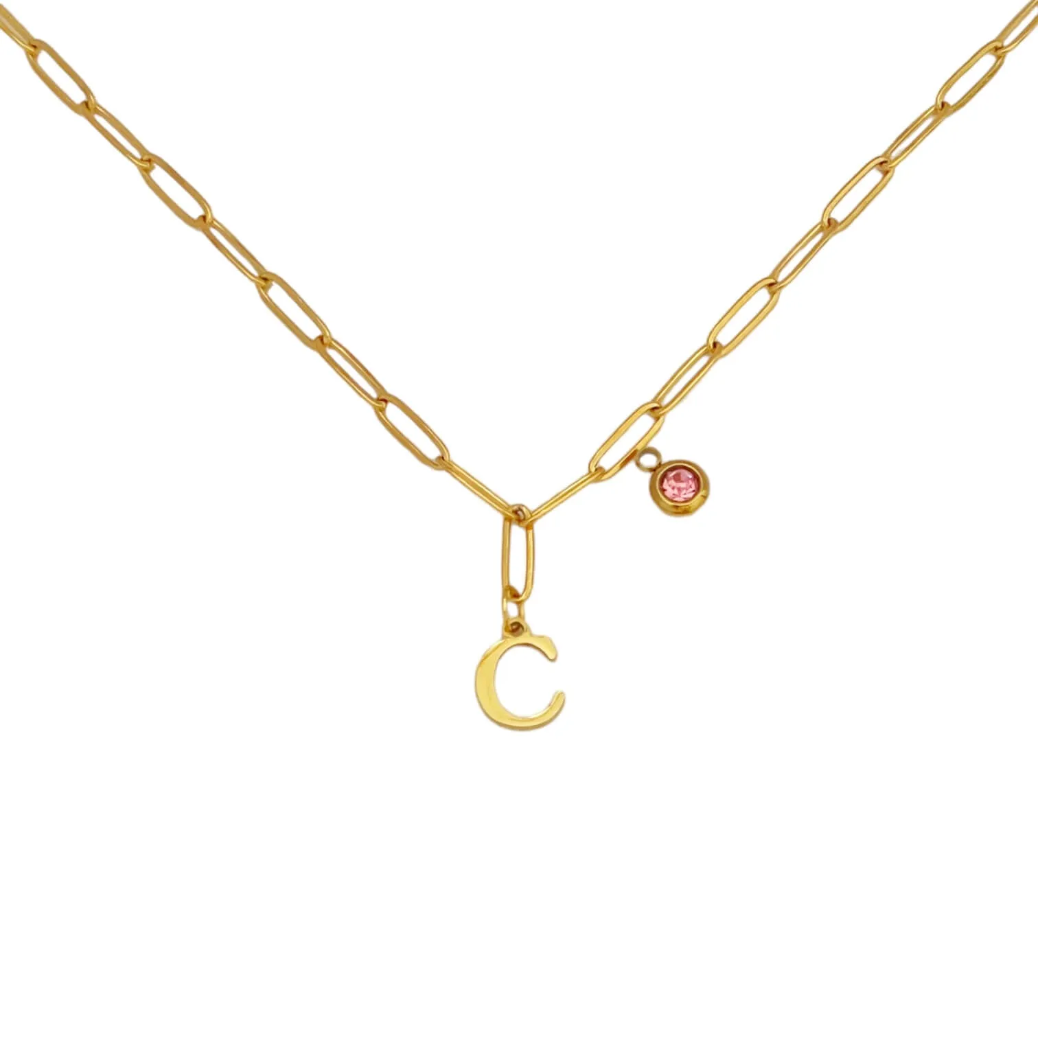 Alphabet Birthstone Paperclip Necklace Gold (A-G)