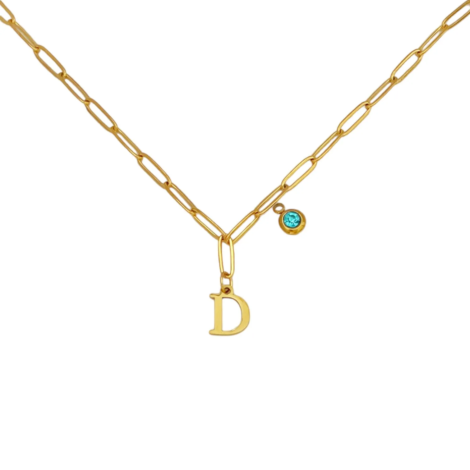 Alphabet Birthstone Paperclip Necklace Gold (A-G)