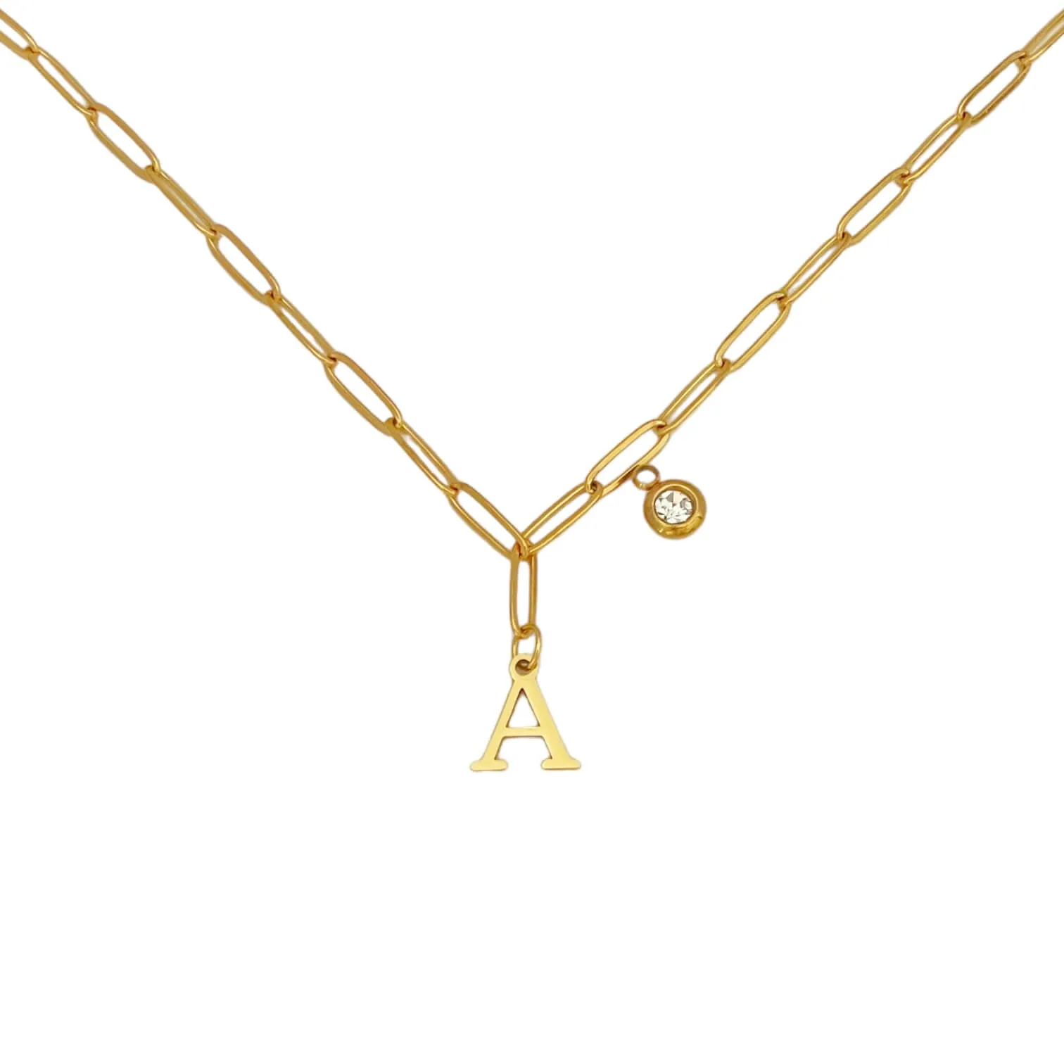 Alphabet Birthstone Paperclip Necklace Gold (A-G)