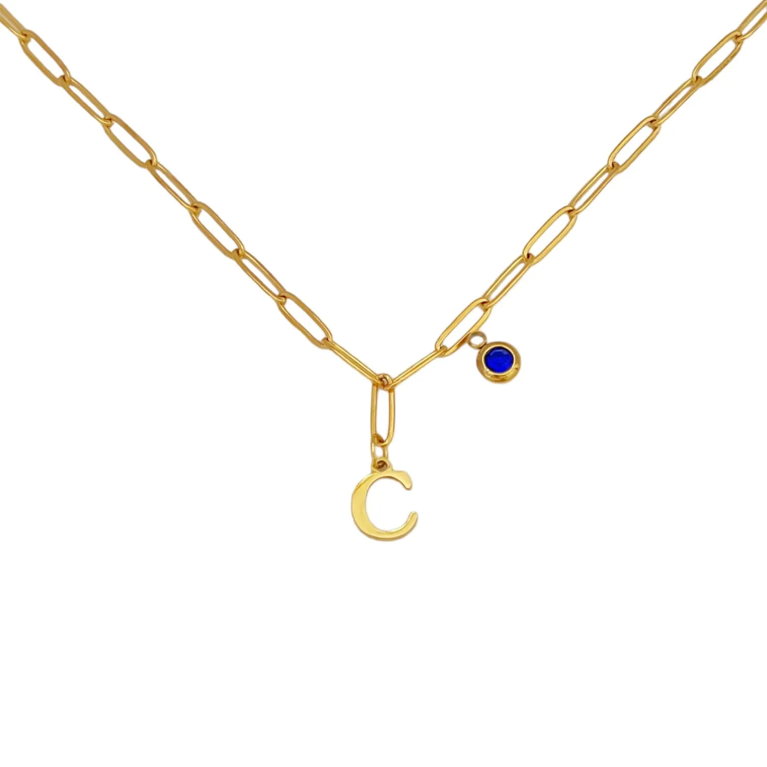 Alphabet Birthstone Paperclip Necklace Gold (A-G)