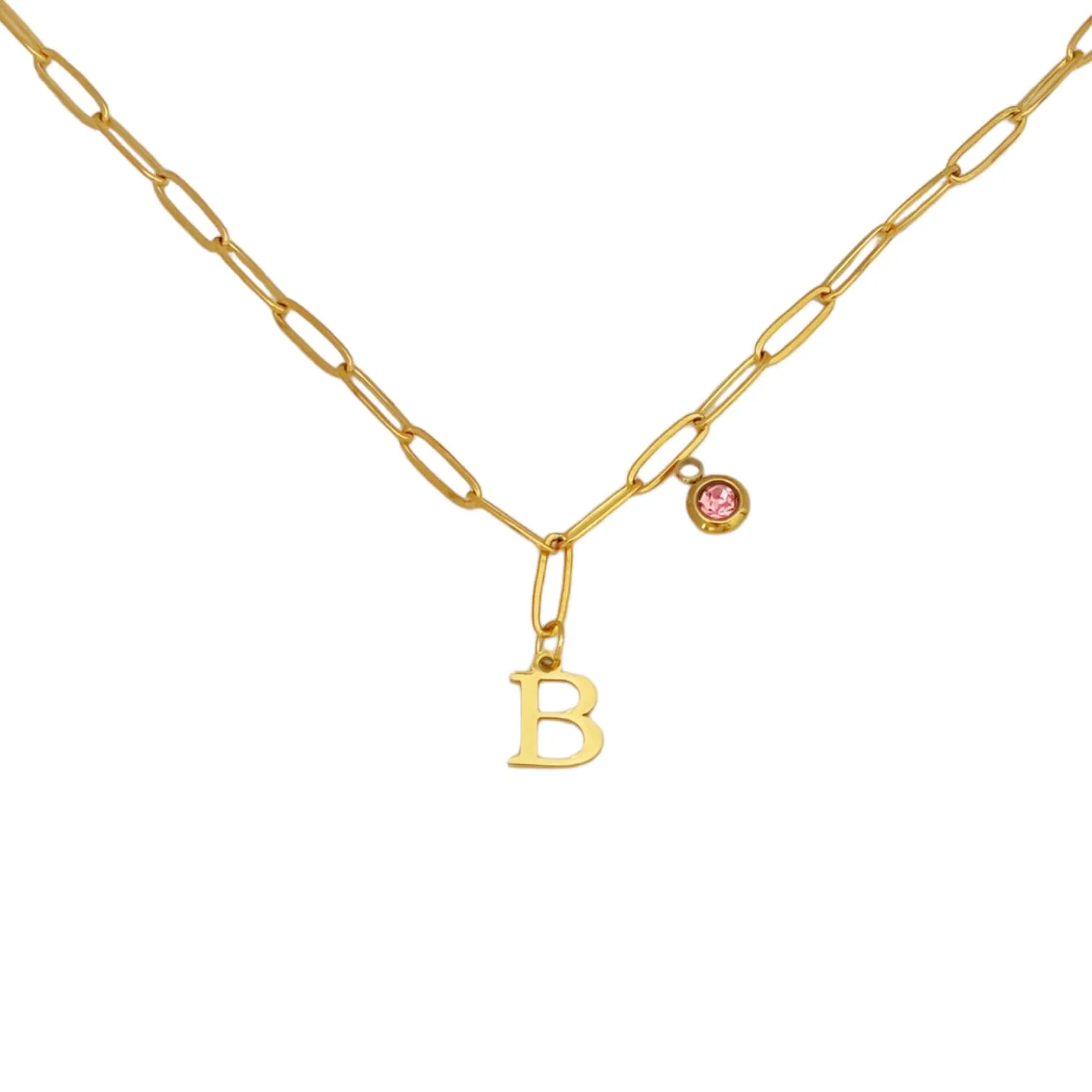 Alphabet Birthstone Paperclip Necklace Gold (A-G)