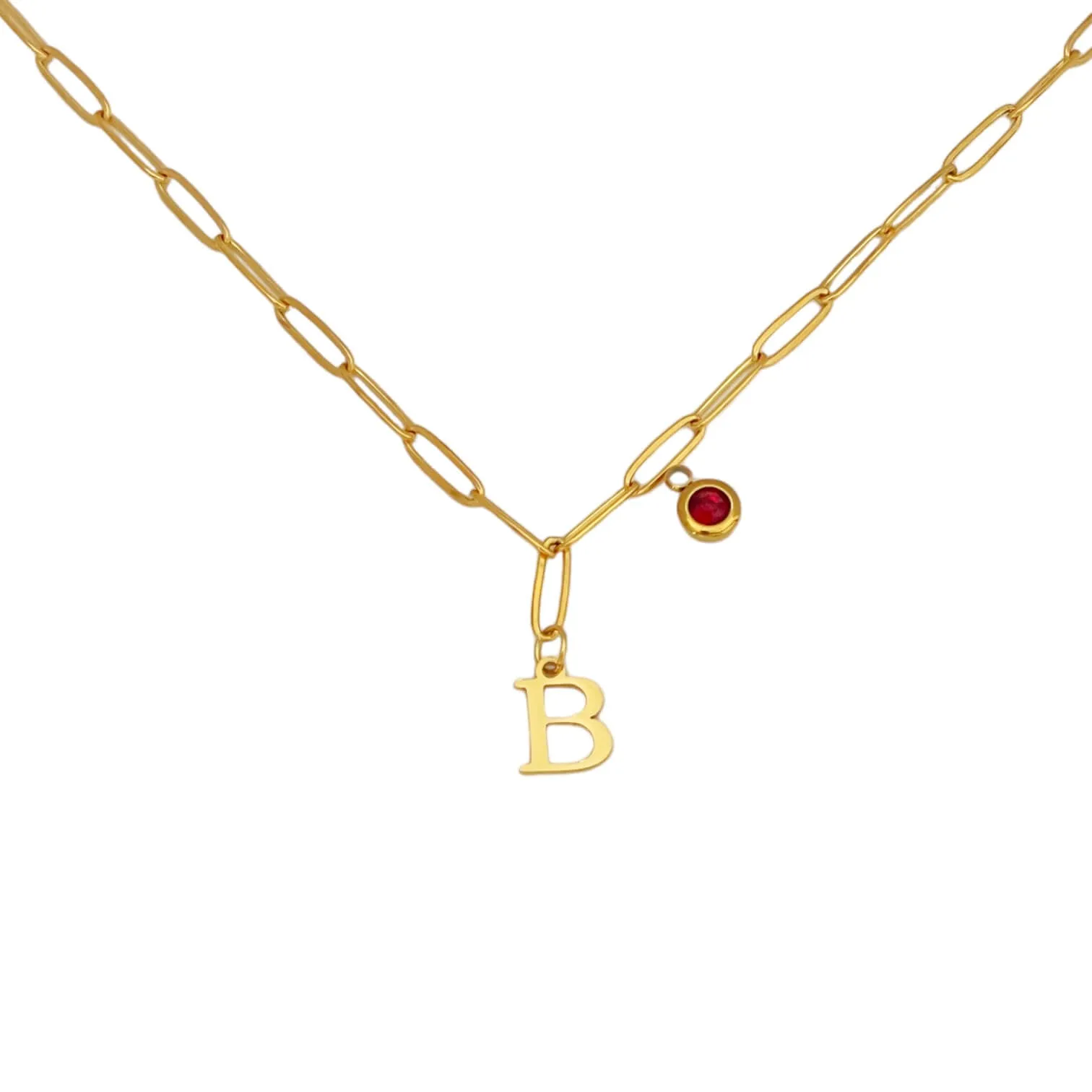 Alphabet Birthstone Paperclip Necklace Gold (A-G)