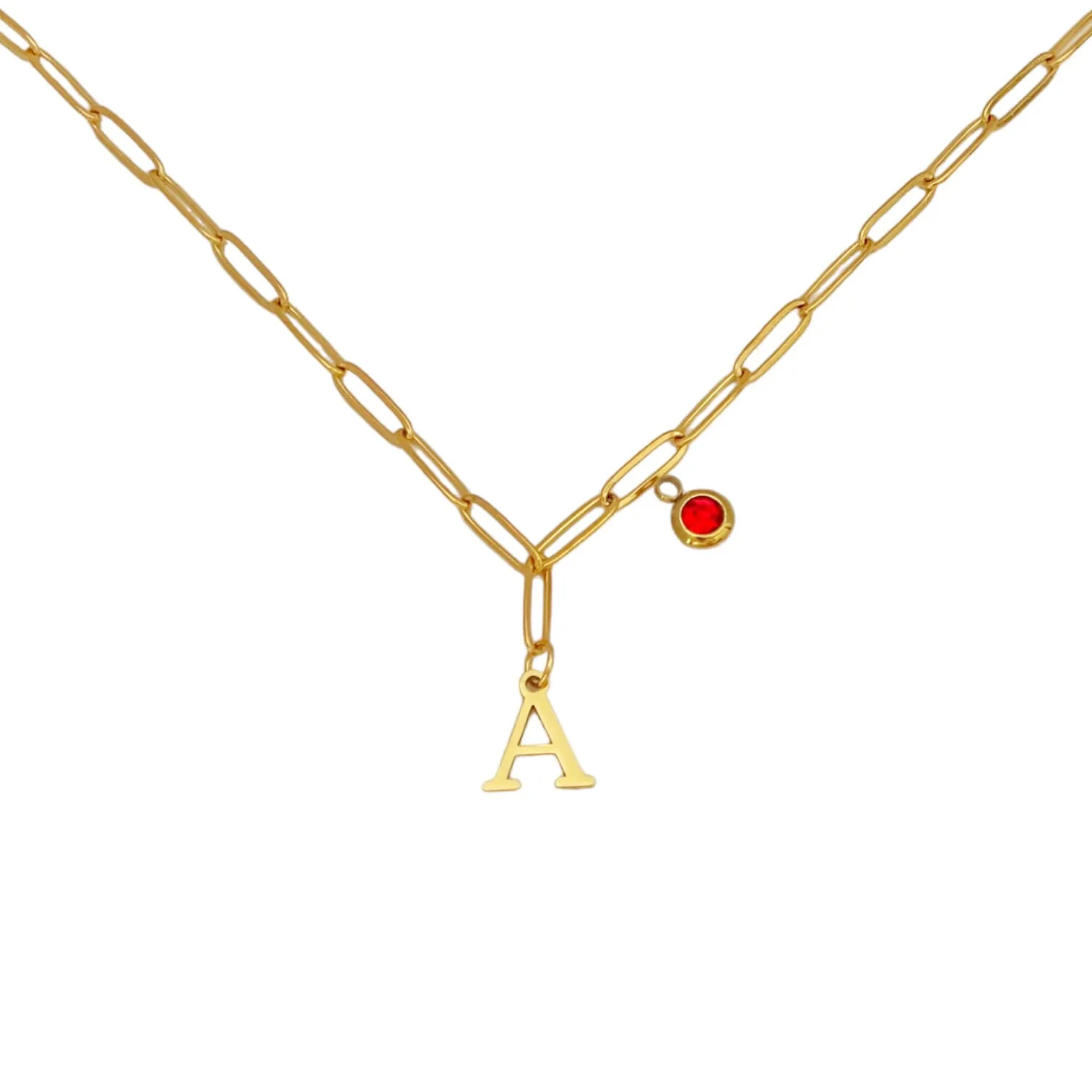 Alphabet Birthstone Paperclip Necklace Gold (A-G)