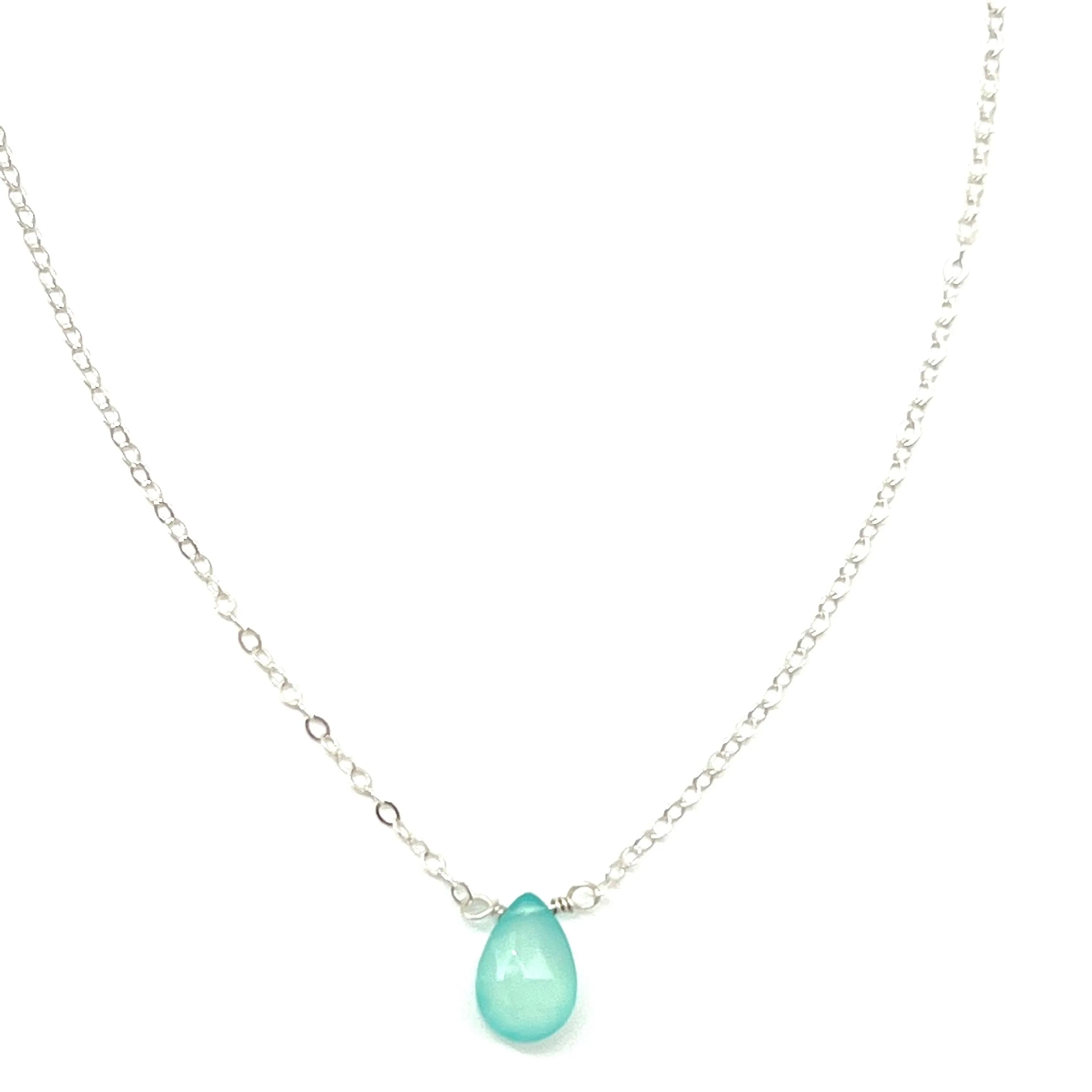 Aqua Chalcedony Teardrop Necklace in Silver