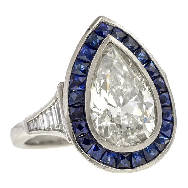 Art Deco Pear Shaped Diamond & Sapphire Ring