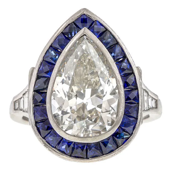 Art Deco Pear Shaped Diamond & Sapphire Ring