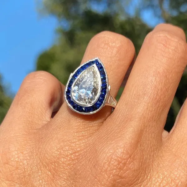 Art Deco Pear Shaped Diamond & Sapphire Ring