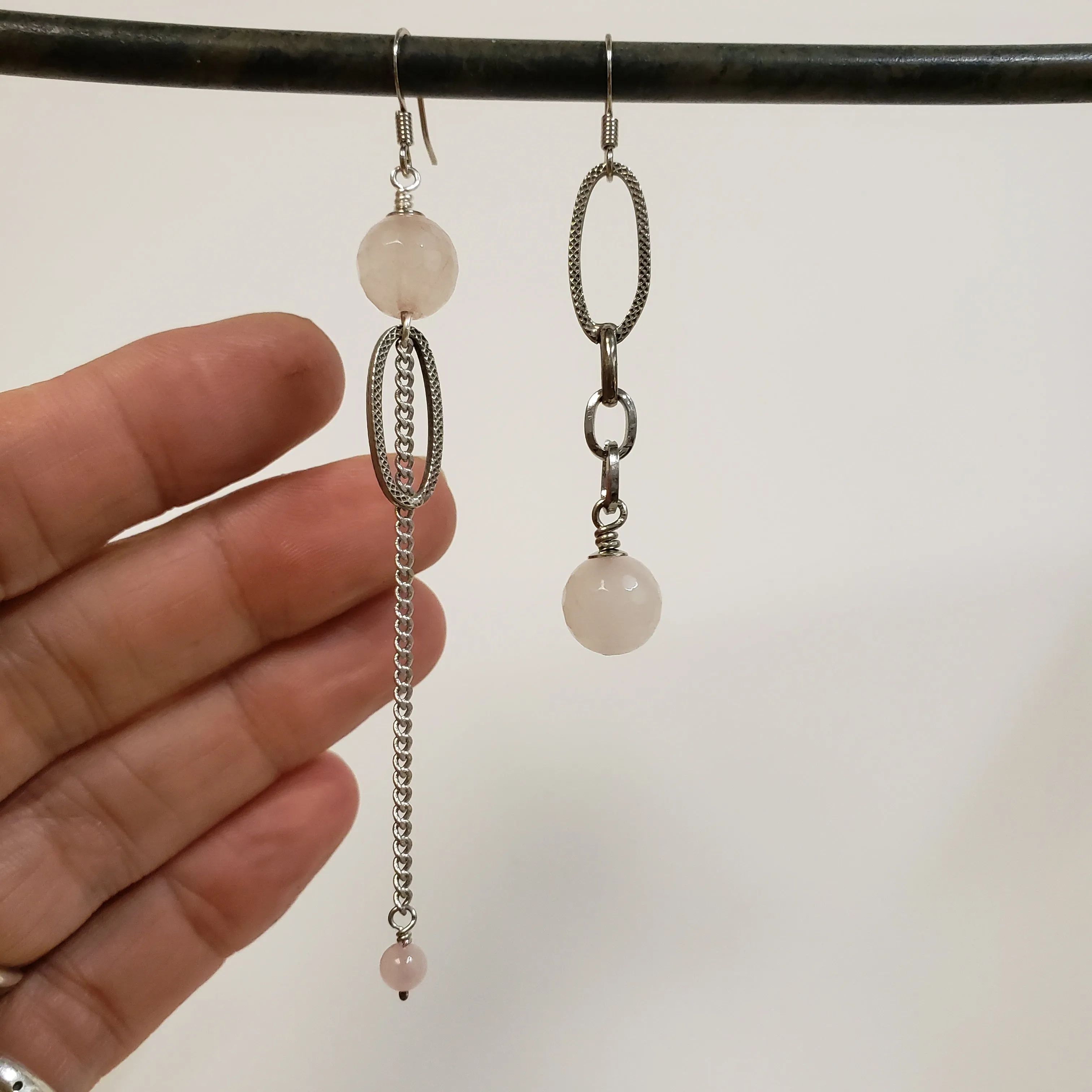 Asymmetric Rose Quartz link drop earrings