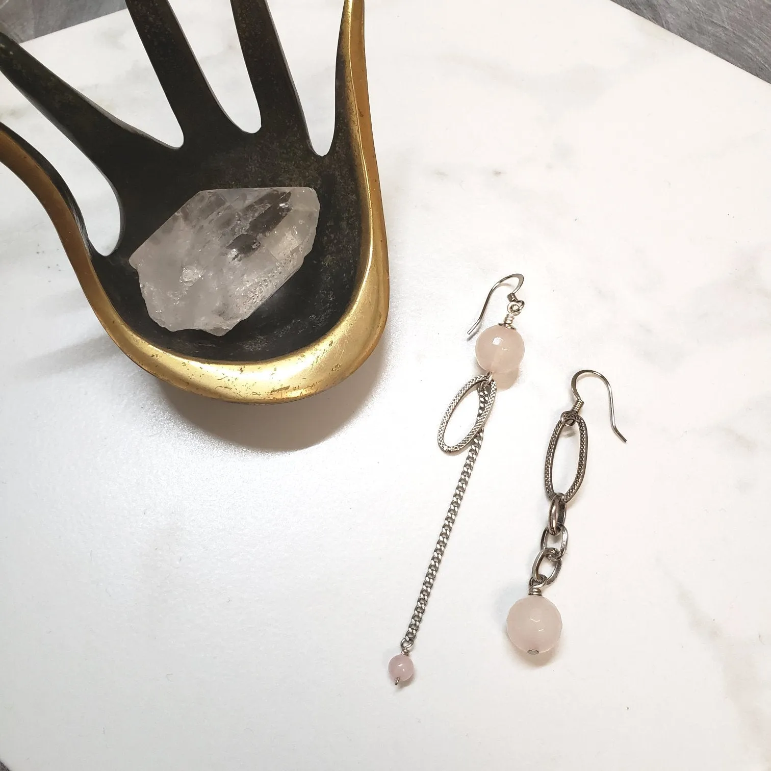 Asymmetric Rose Quartz link drop earrings