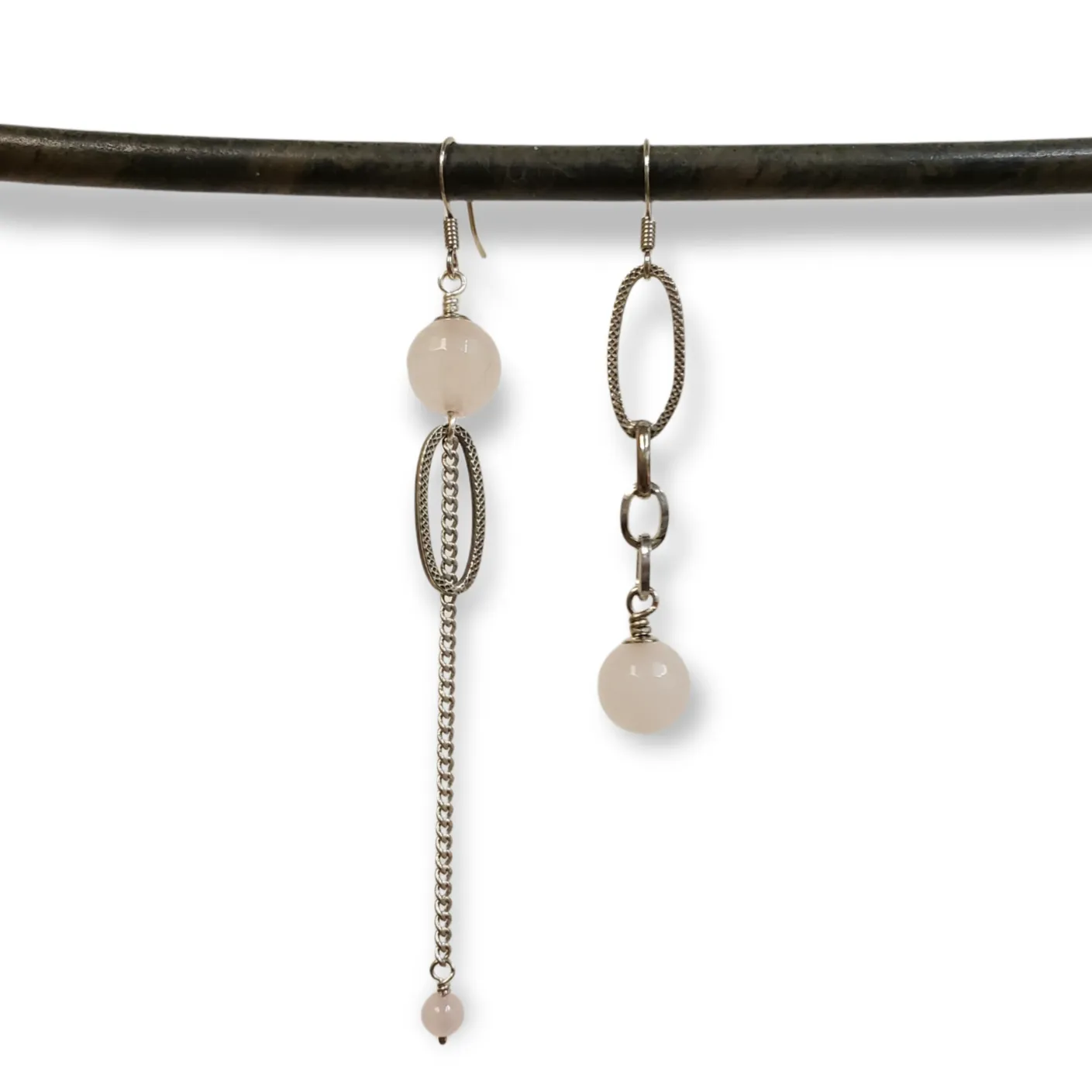 Asymmetric Rose Quartz link drop earrings