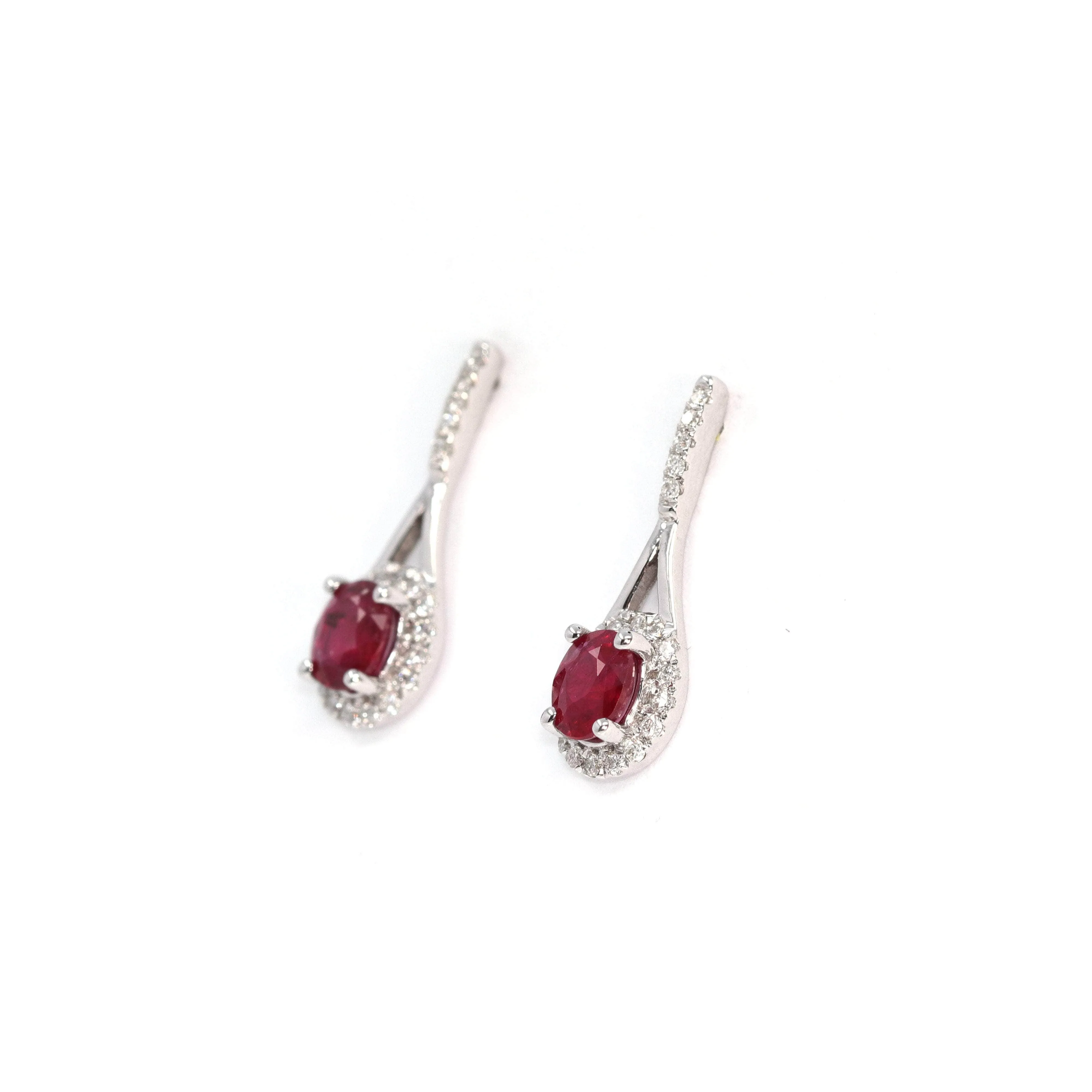 Baikalla 14k Classic White Gold Natural Ruby Teardrop Earrings w/Diamond Halo