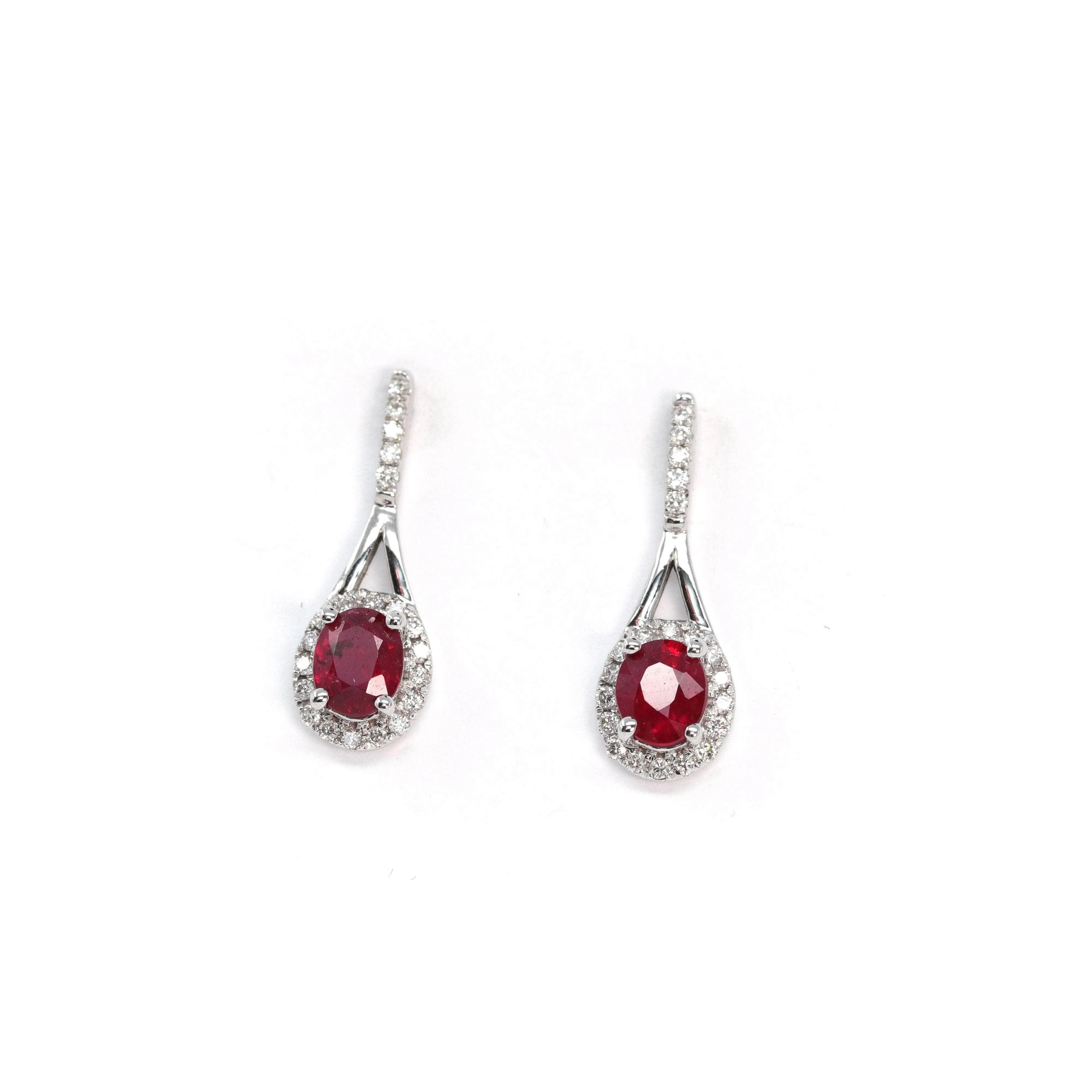 Baikalla 14k Classic White Gold Natural Ruby Teardrop Earrings w/Diamond Halo