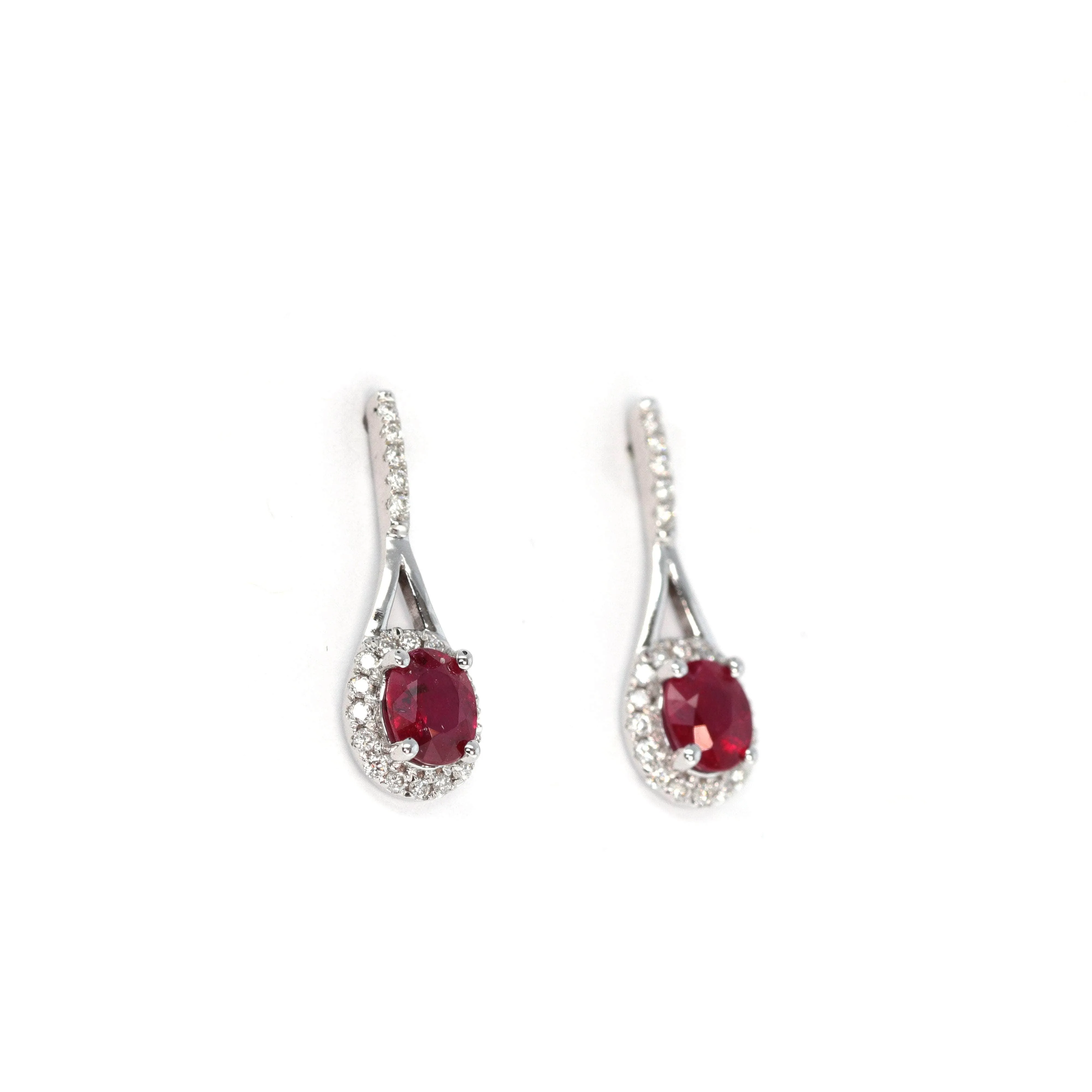 Baikalla 14k Classic White Gold Natural Ruby Teardrop Earrings w/Diamond Halo