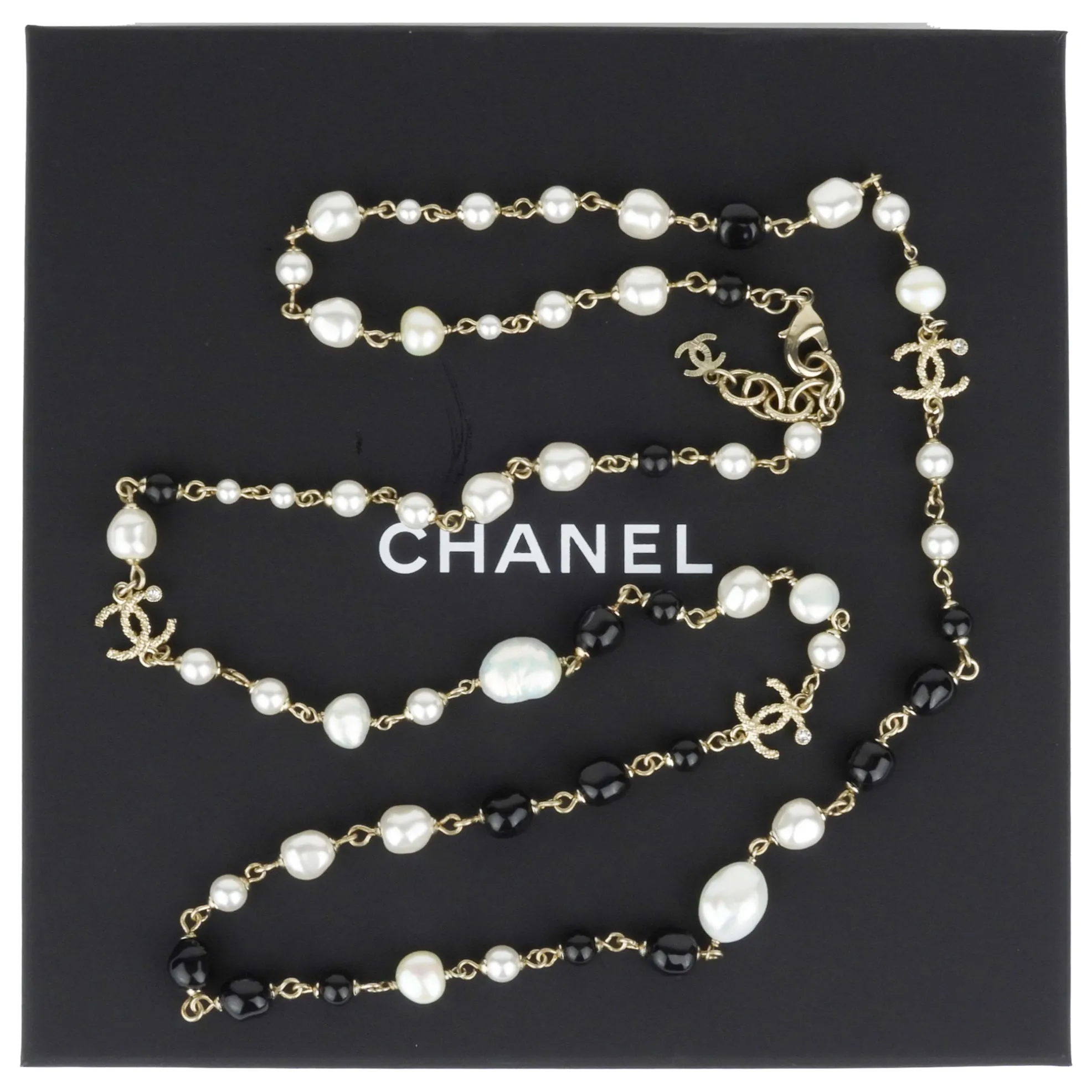 Chanel 19B Pearl, Black, Crystal and Gold Tone CC Long Chain Necklace