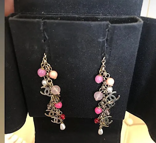 Chanel 19S 2019 long pierced CC pink bead Pearl dangle earrings