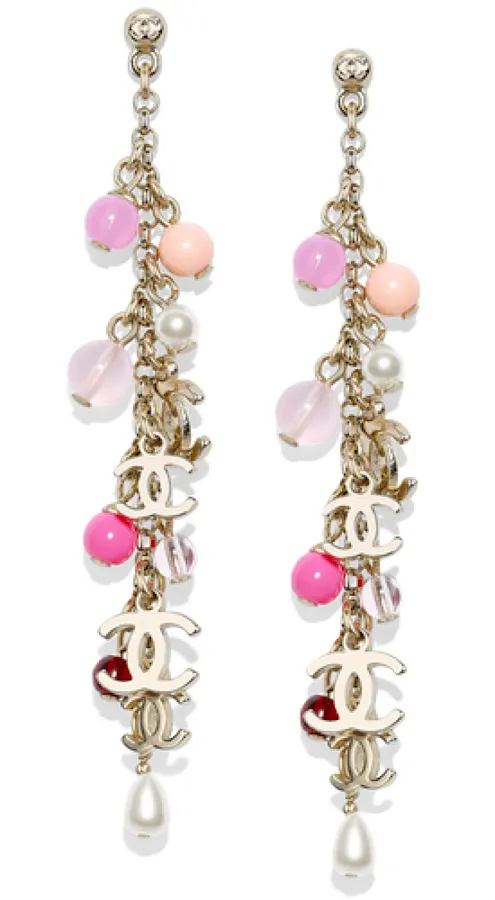 Chanel 19S 2019 long pierced CC pink bead Pearl dangle earrings