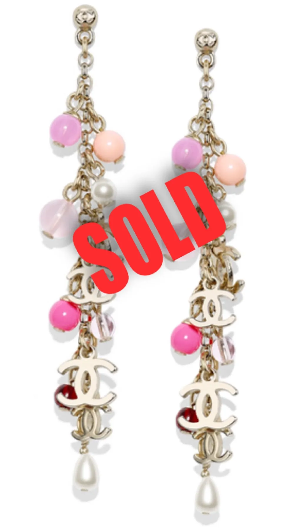 Chanel 19S 2019 long pierced CC pink bead Pearl dangle earrings