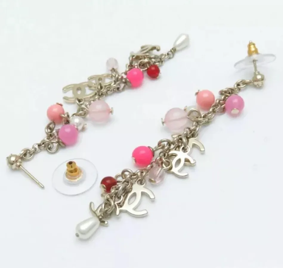 Chanel 19S 2019 long pierced CC pink bead Pearl dangle earrings