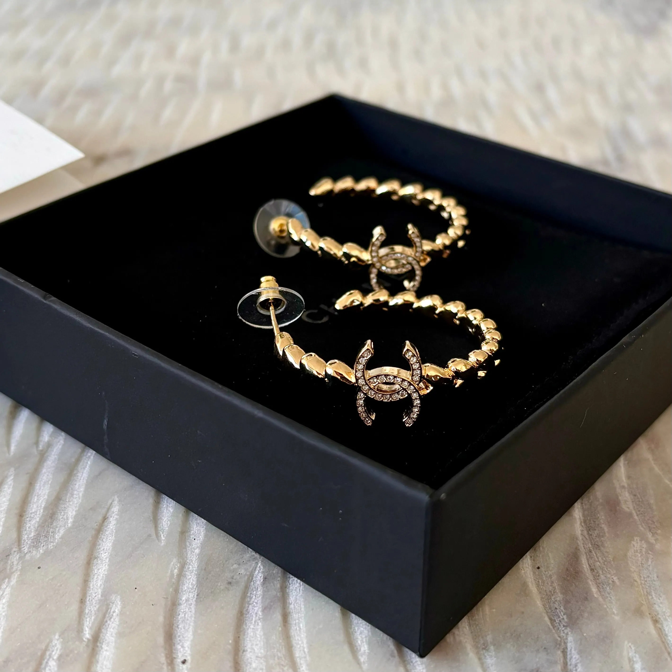 Chanel 23P Gold Crystal Hoop Earrings