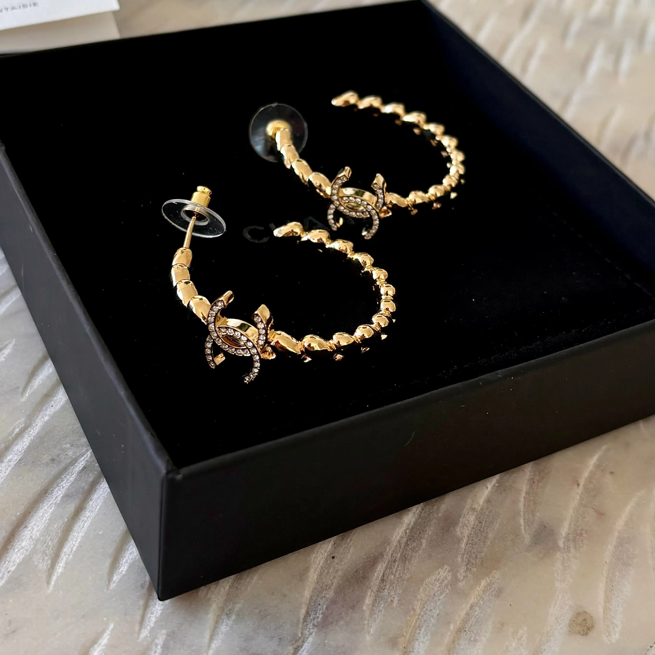 Chanel 23P Gold Crystal Hoop Earrings