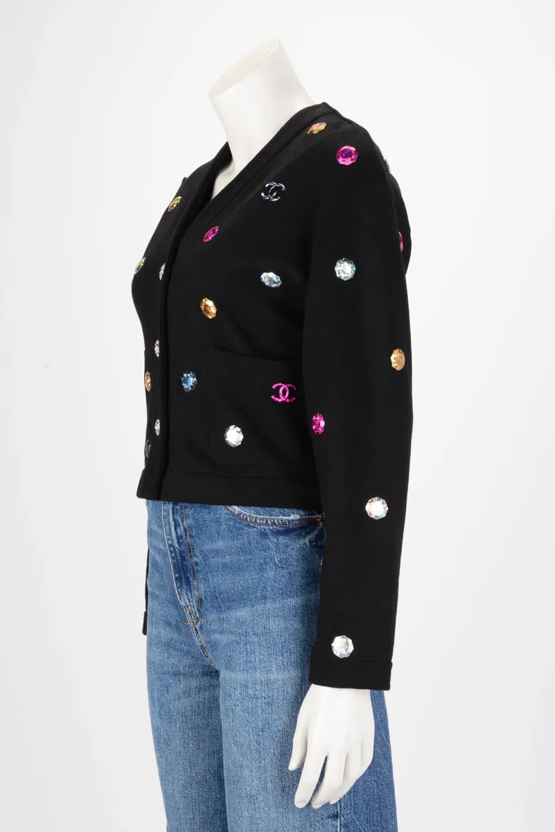 Chanel Black Jersey Bijoux CC Cardigan - Size FR 34 - Elegant Designer Knitwear with Iconic Emblem